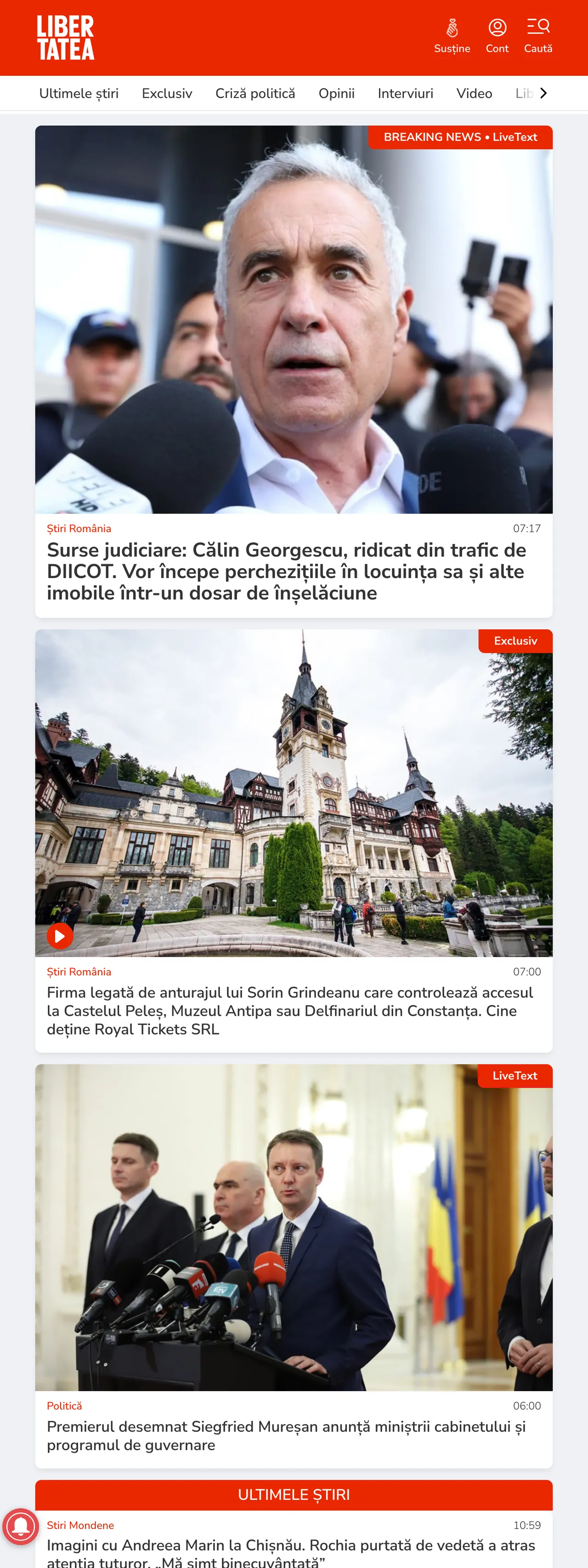 Screenshot of the Libertatea front page