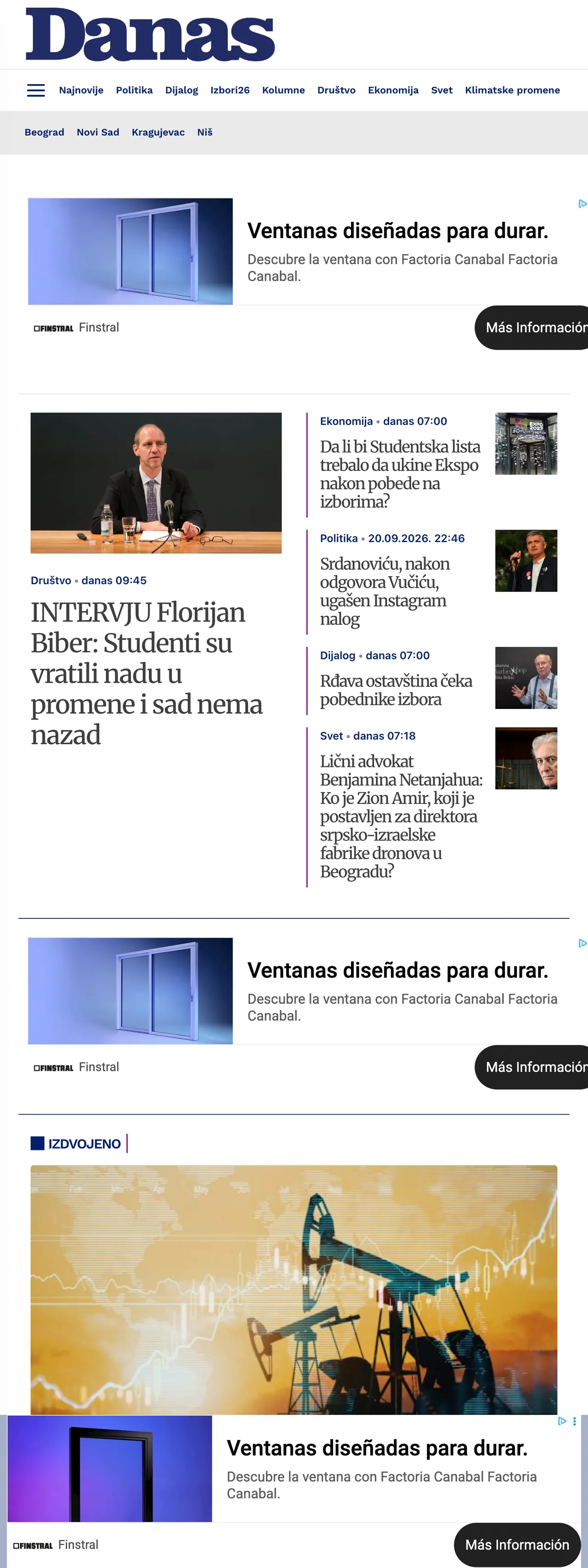 Screenshot of the Danas front page