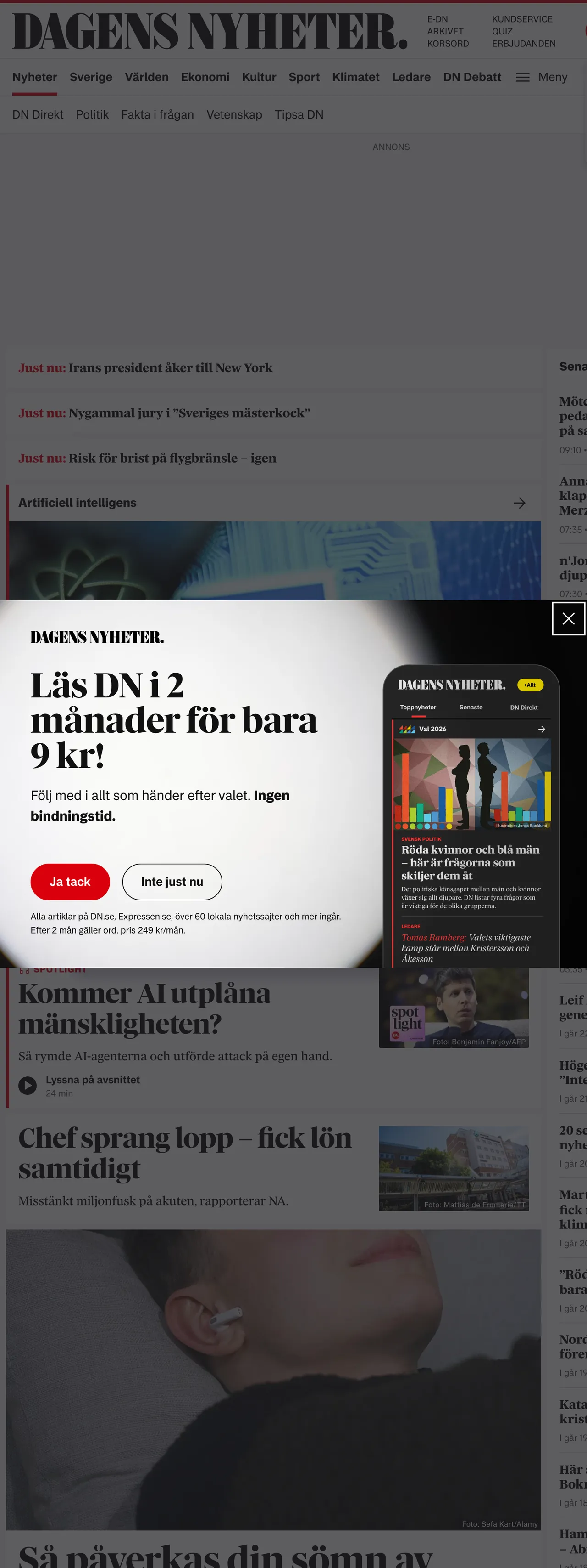 Screenshot of the Dagens Nyheter front page