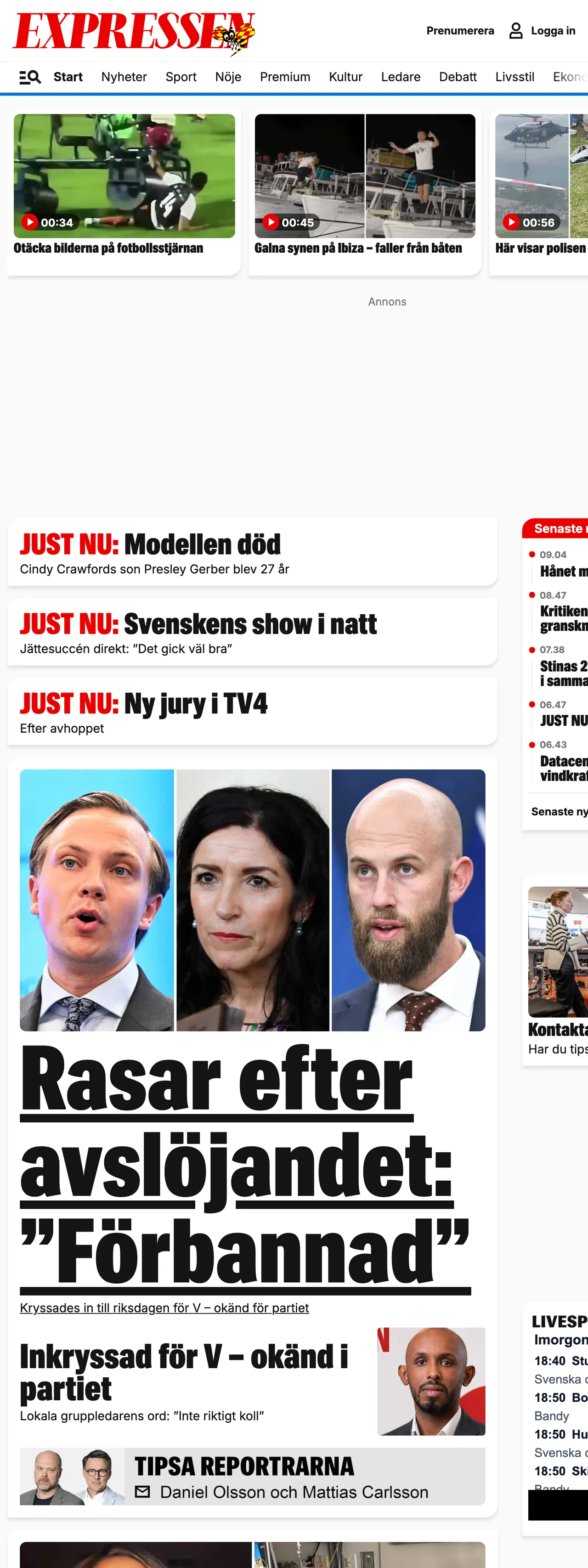 Screenshot of the Expressen front page