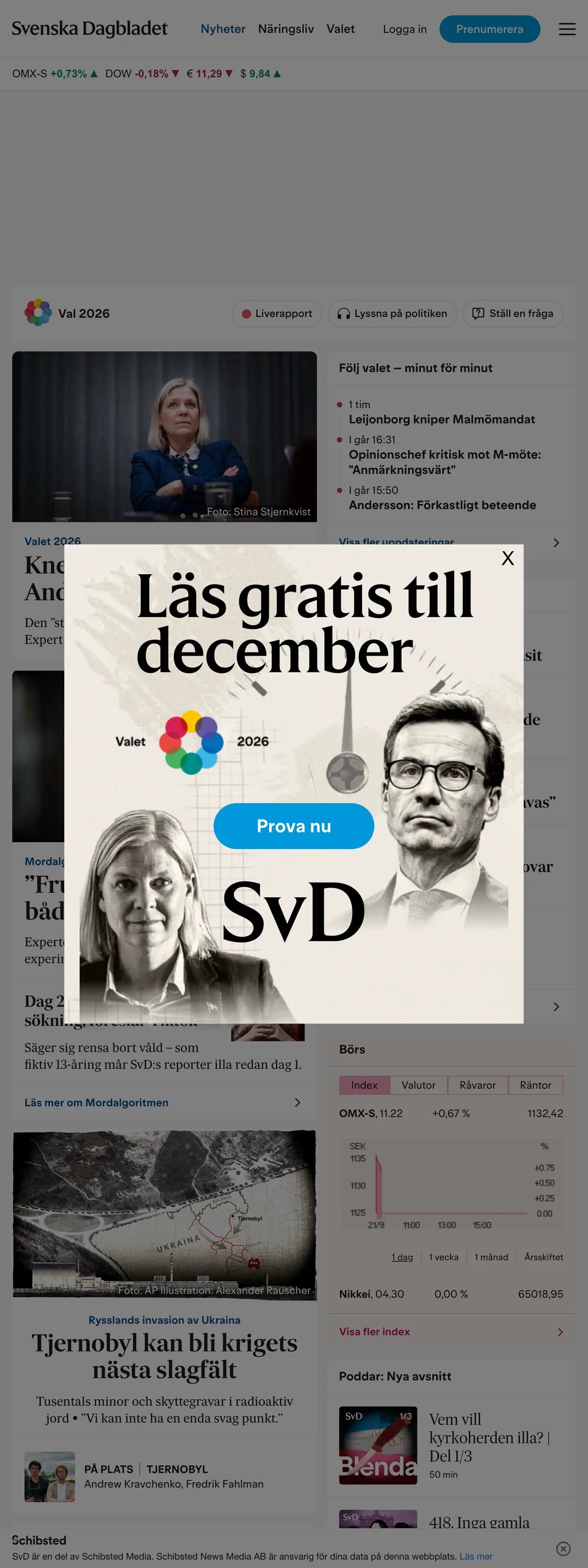 Screenshot of the Svenska Dagbladet front page