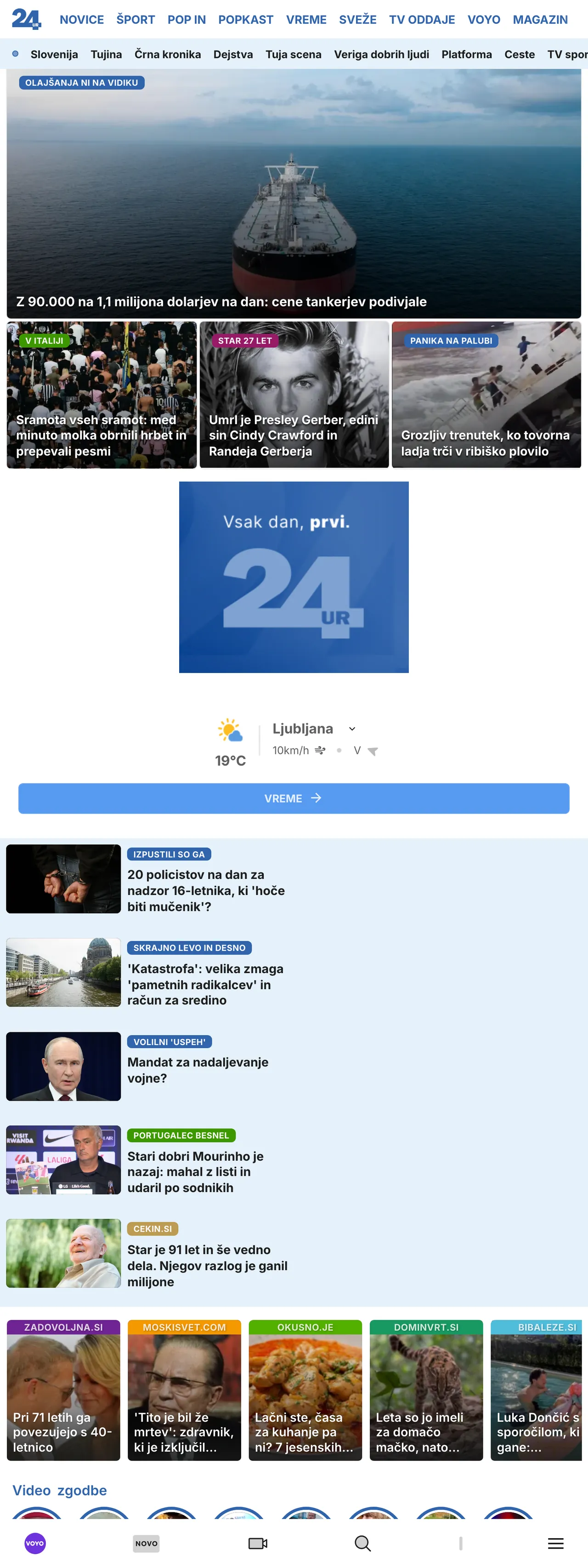 Screenshot of the 24ur front page