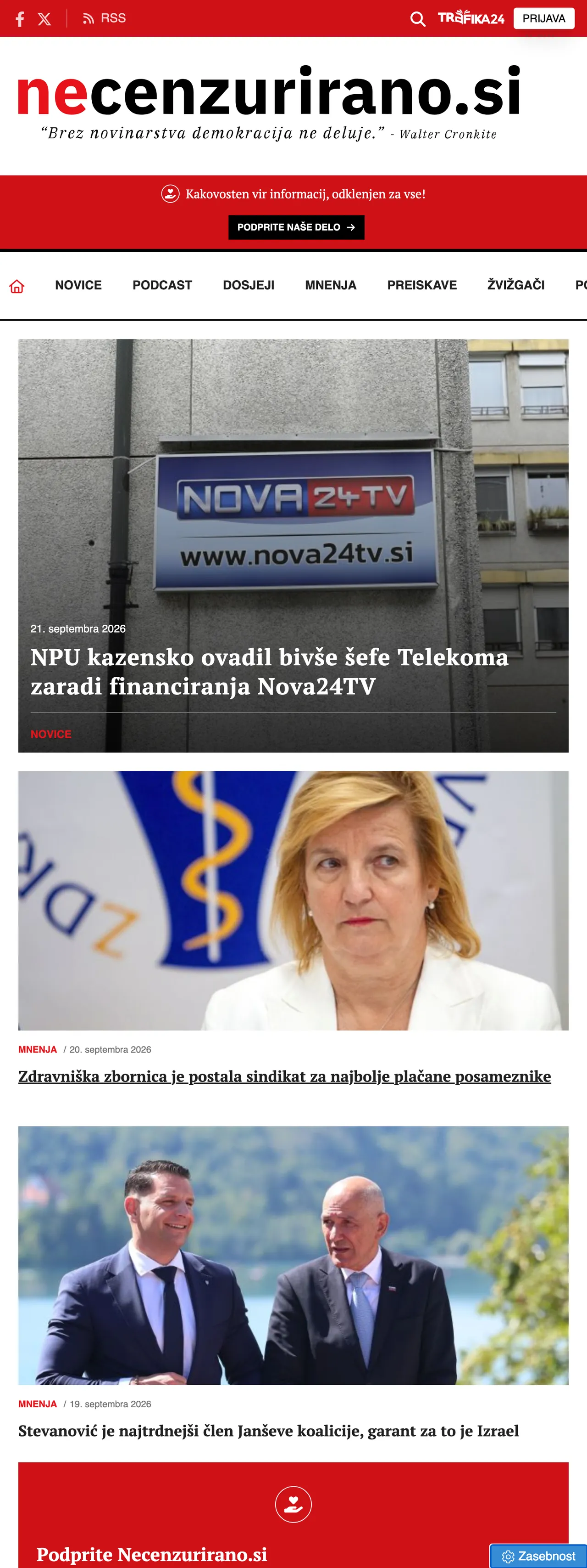 Screenshot of the Necenzurirano front page