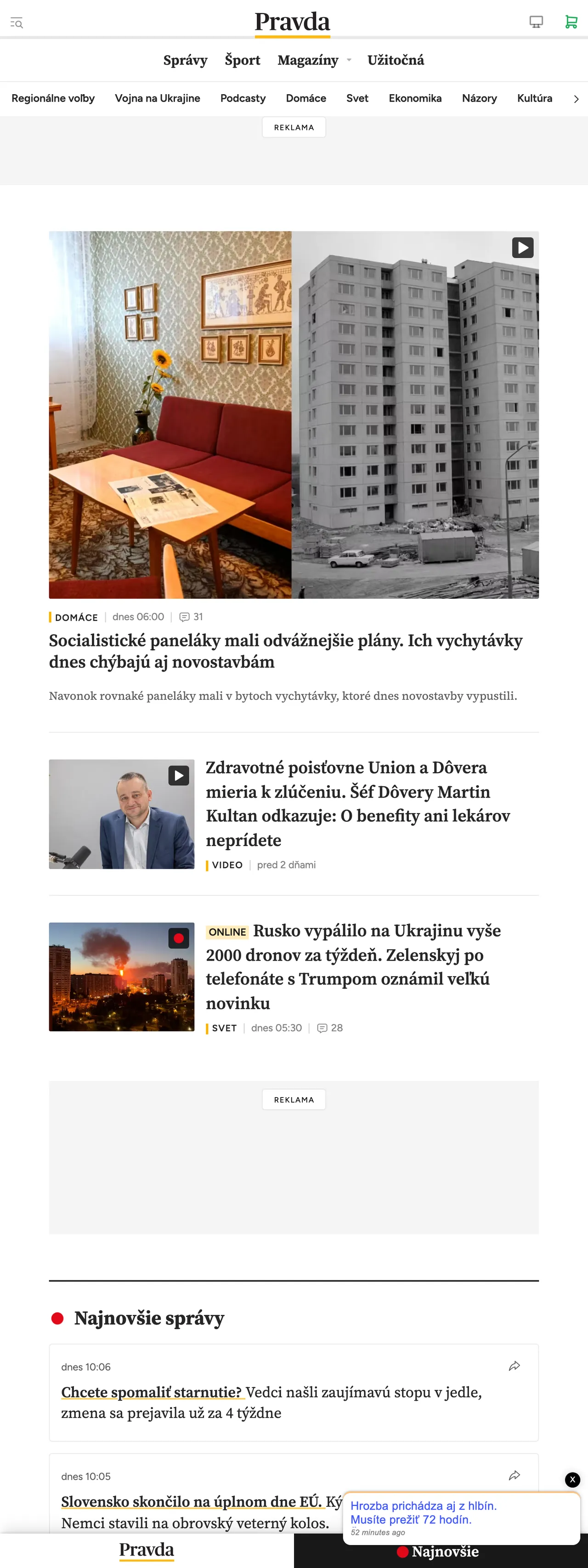 Screenshot of the Pravda front page
