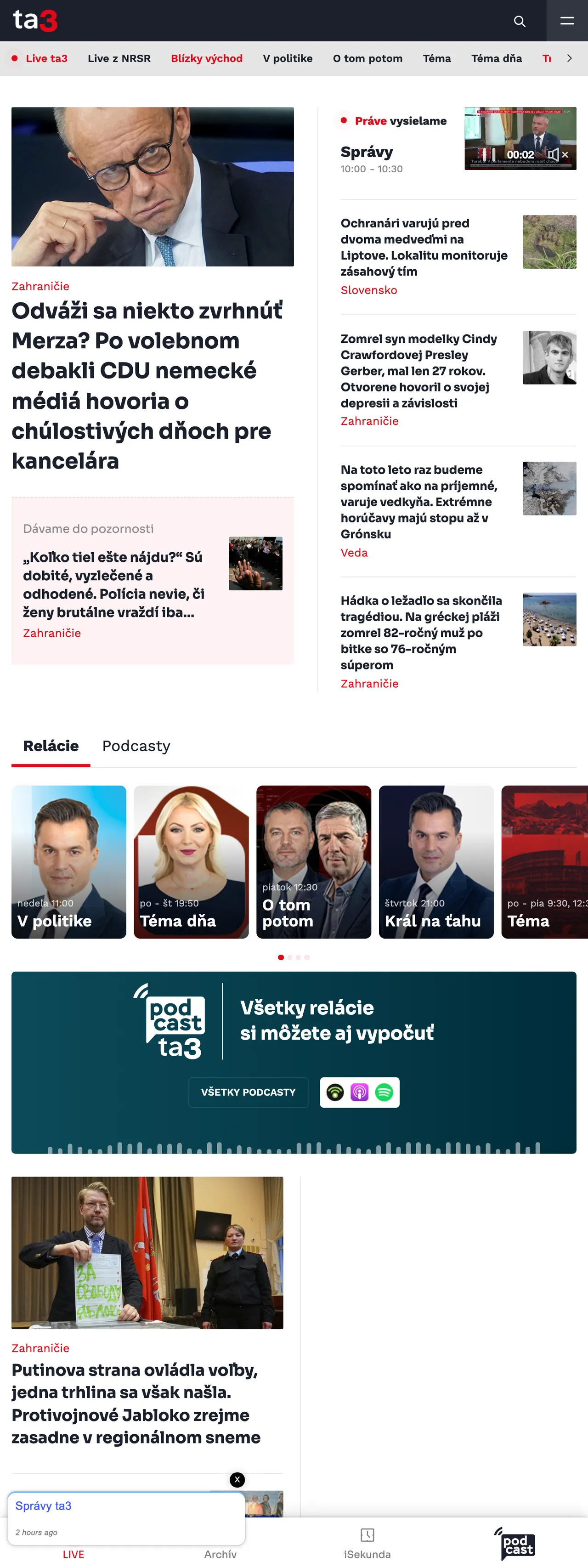Screenshot of the TA3 front page