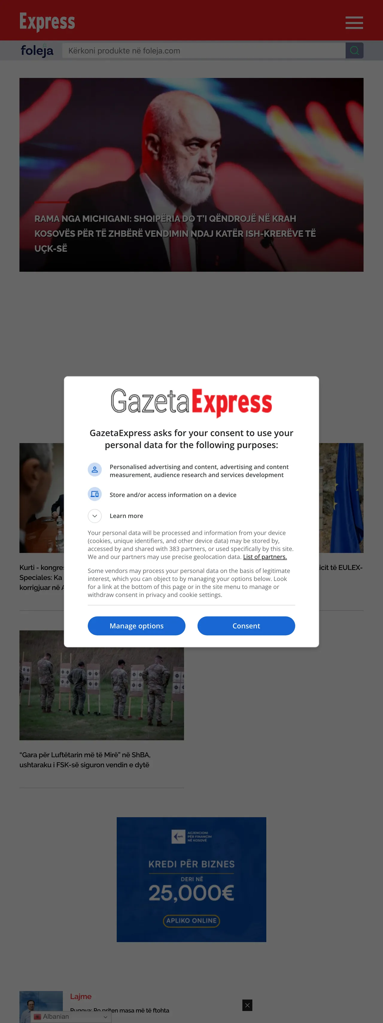 Screenshot of the Gazeta Express front page