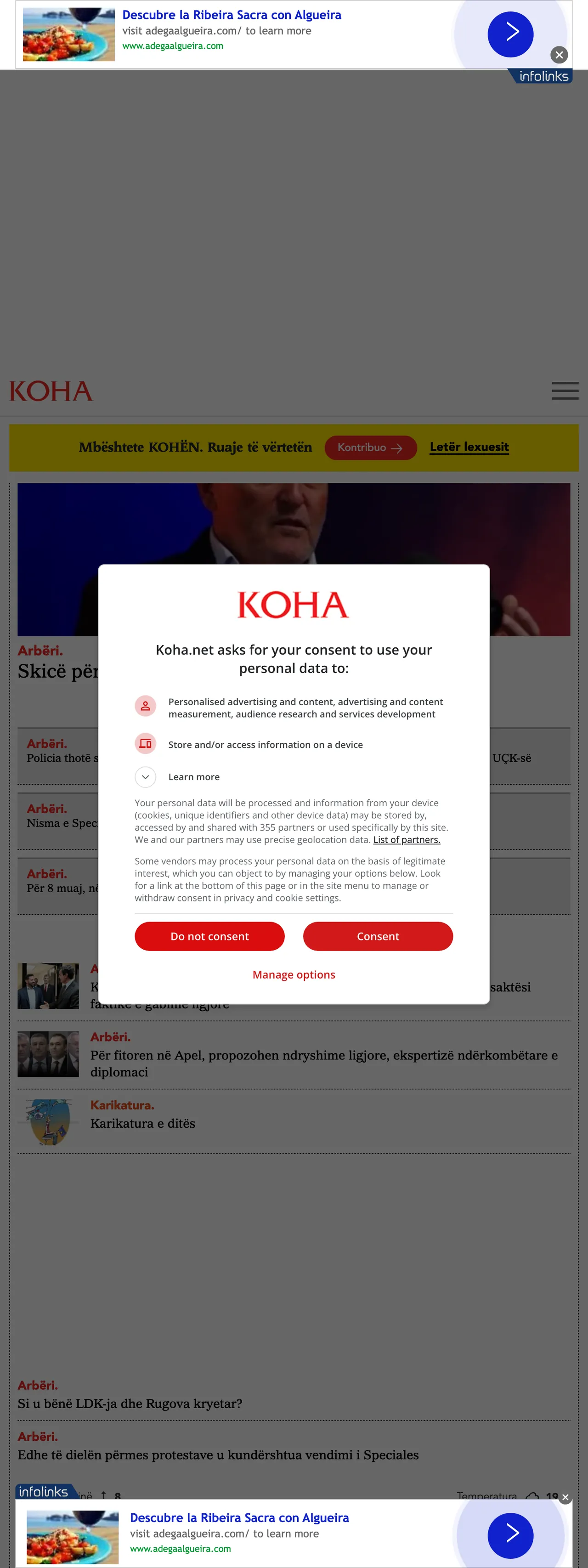 Screenshot of the Koha Ditore front page