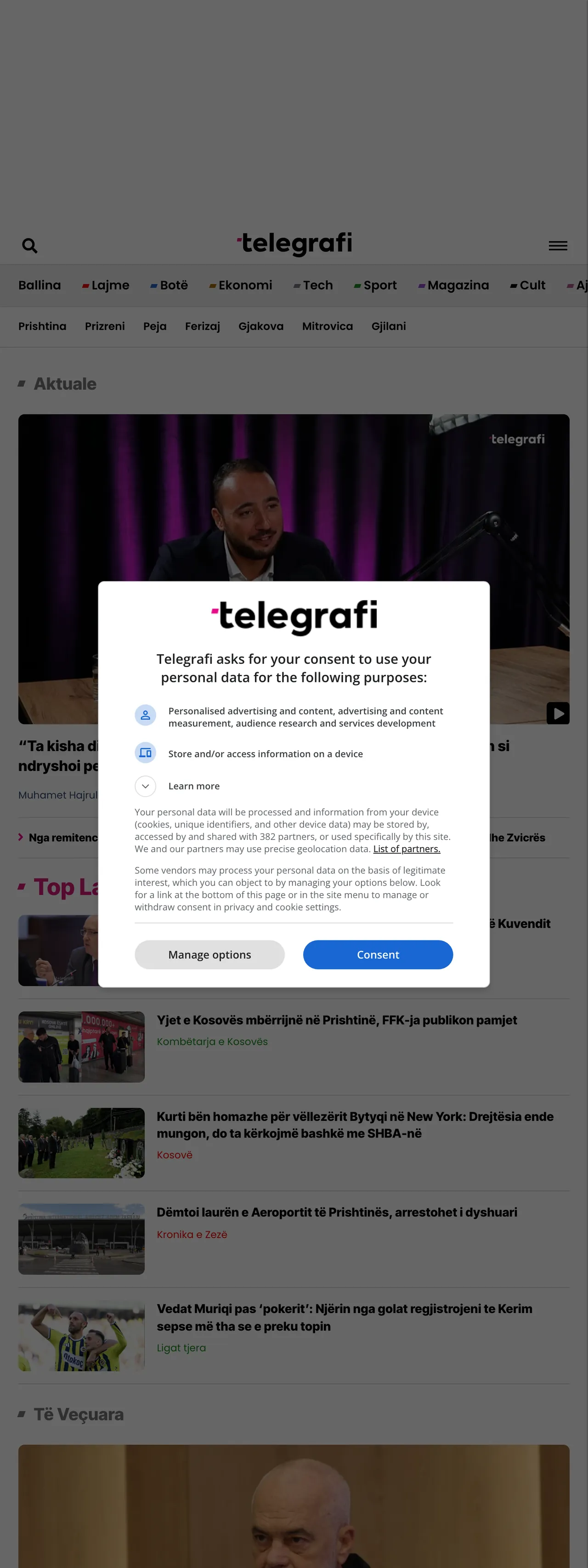 Screenshot of the Telegrafi front page
