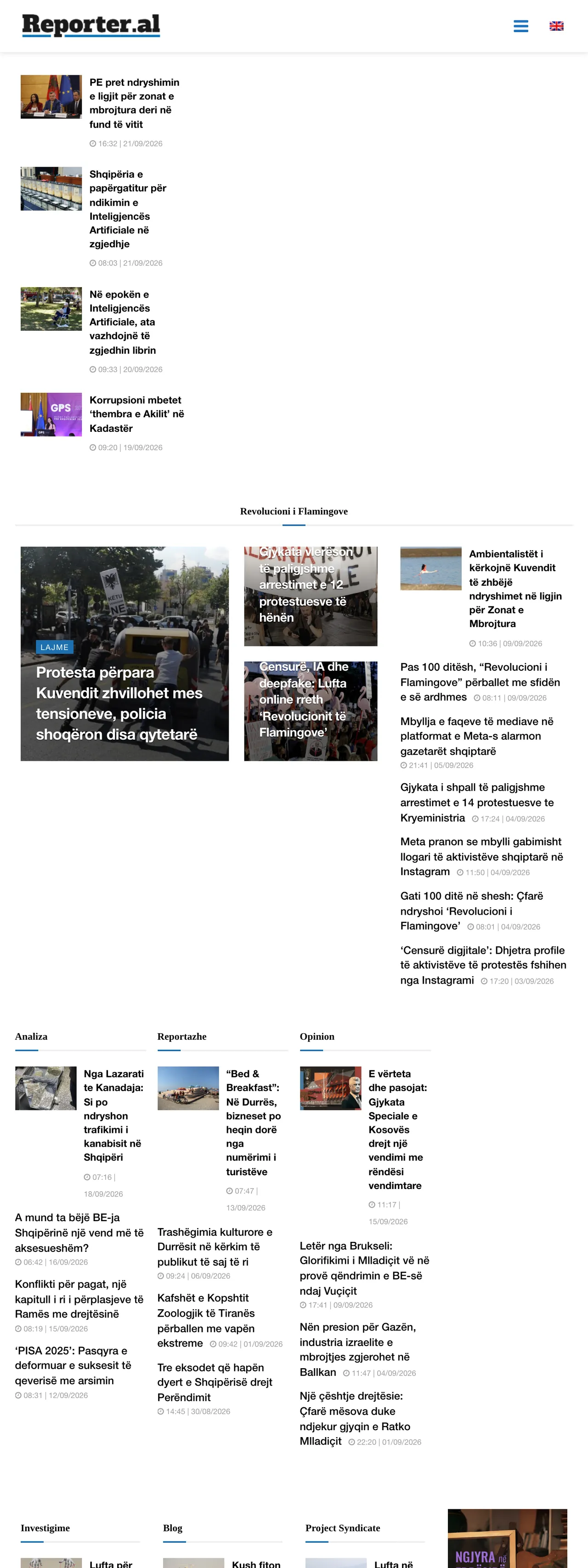 Screenshot of the Reporter.al front page