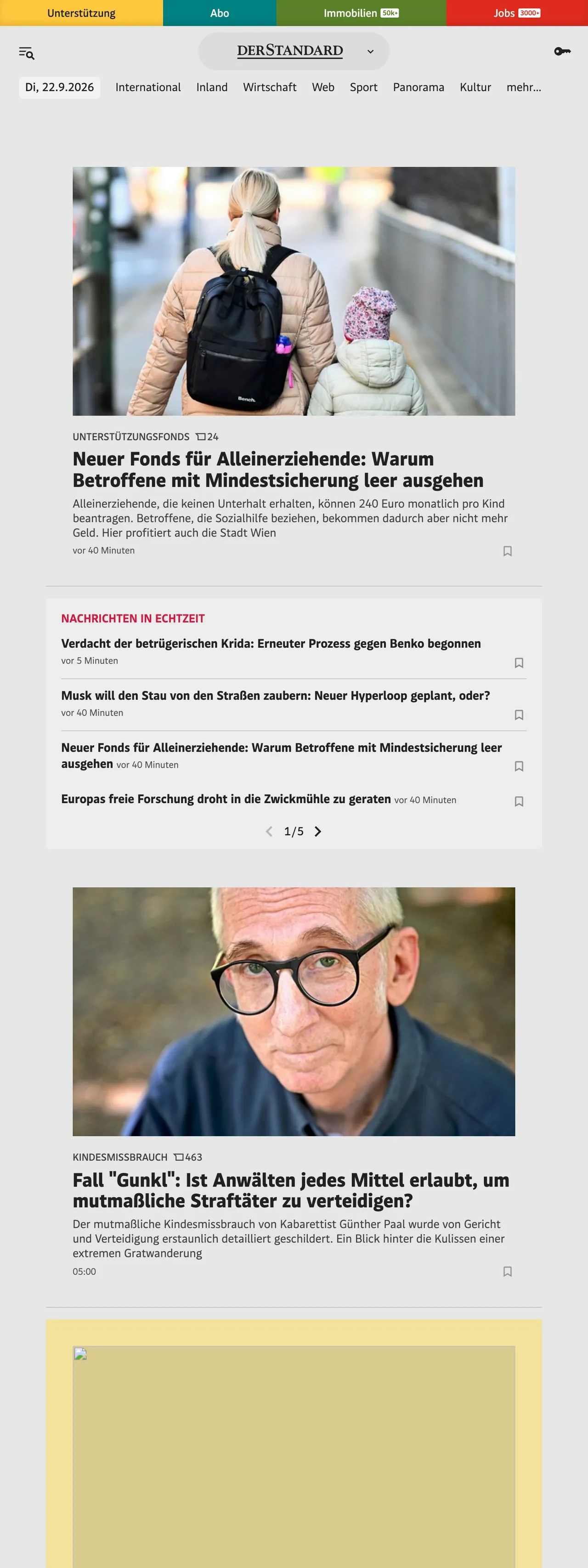 Screenshot of the DER STANDARD front page