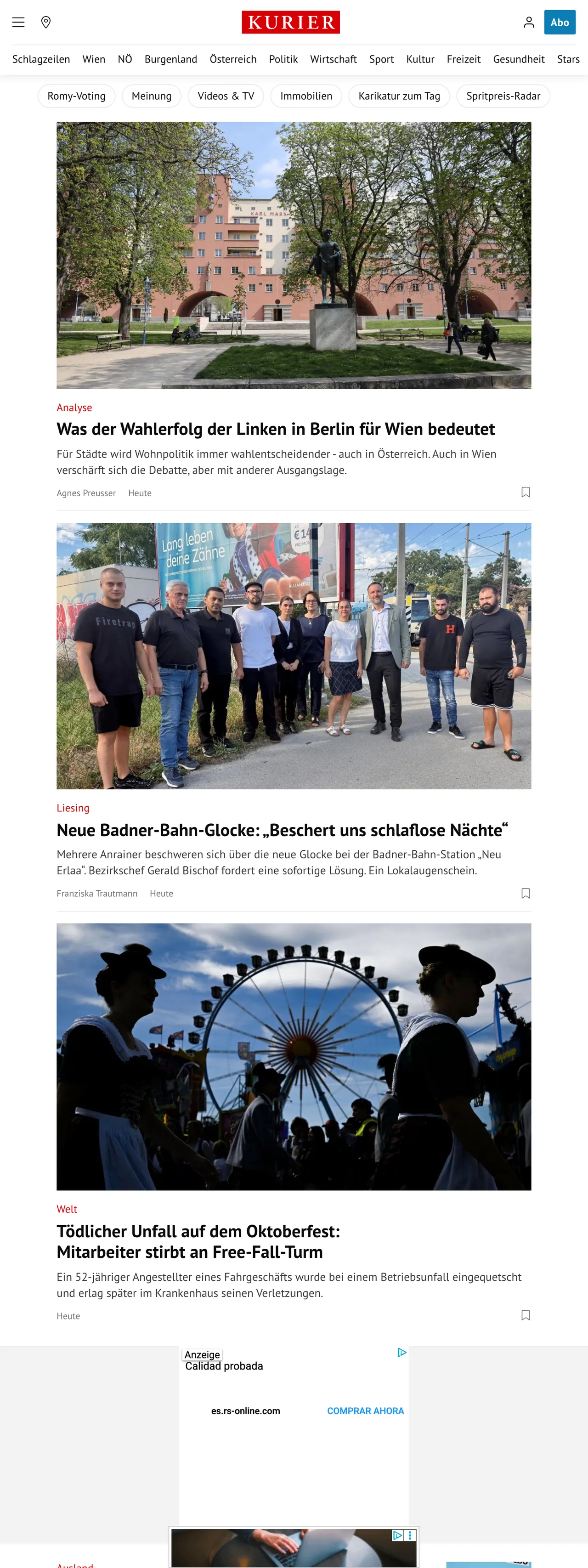 Screenshot of the Kurier front page