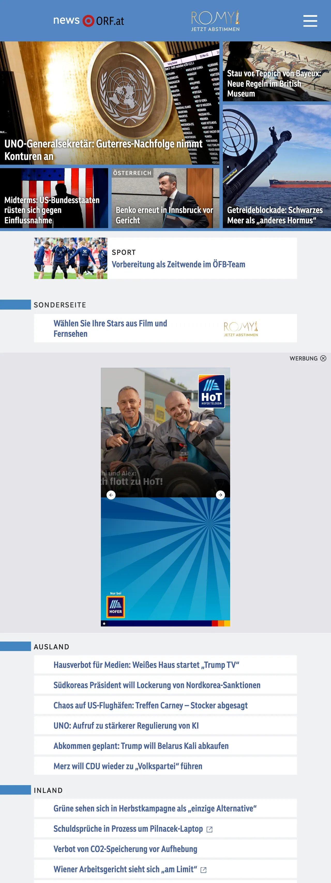 Screenshot of the ORF front page