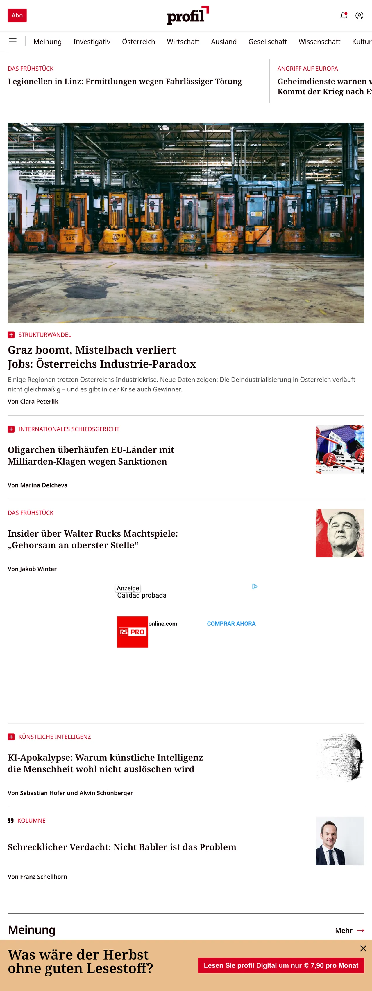 Screenshot of the profil front page