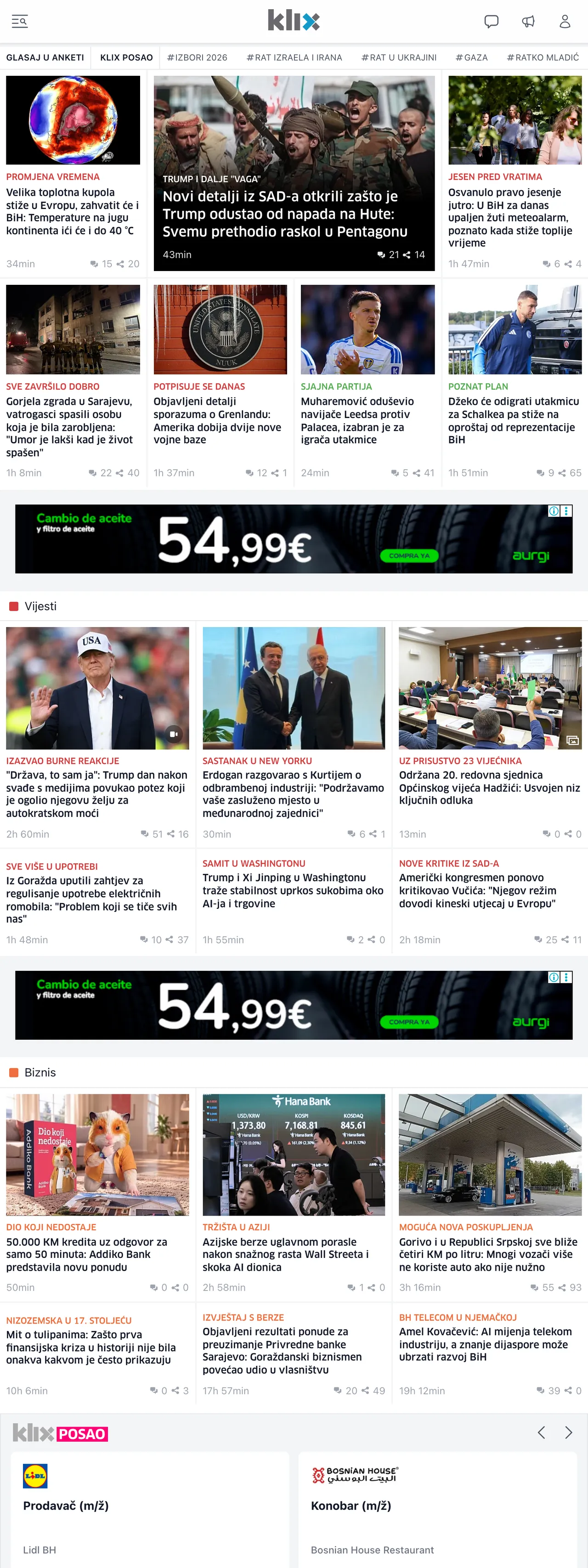 Screenshot of the Klix.ba front page