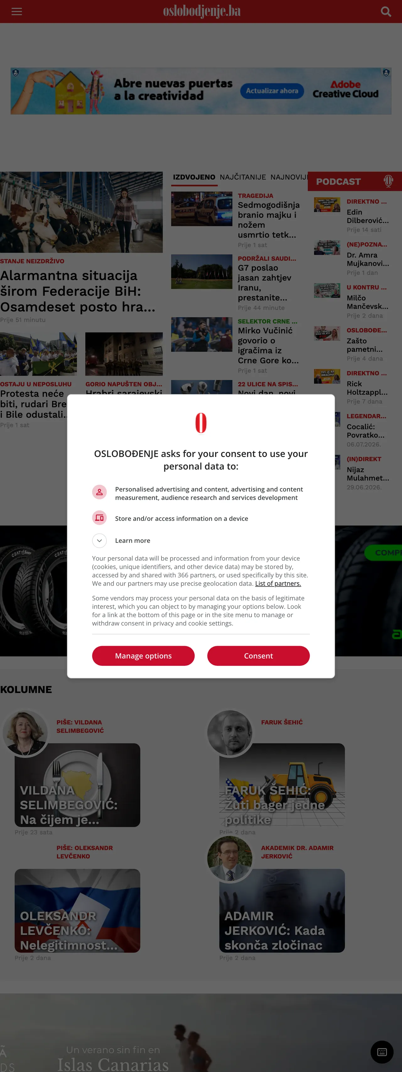 Screenshot of the Oslobođenje front page