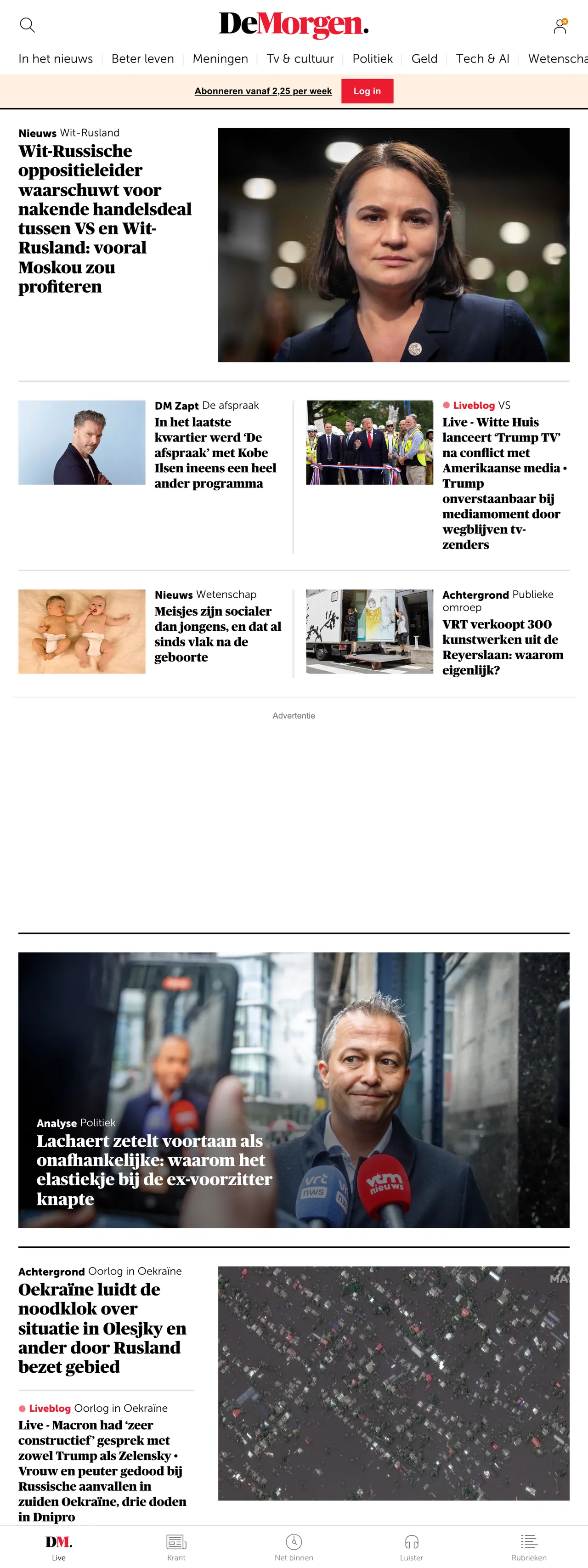 Screenshot of the De Morgen front page