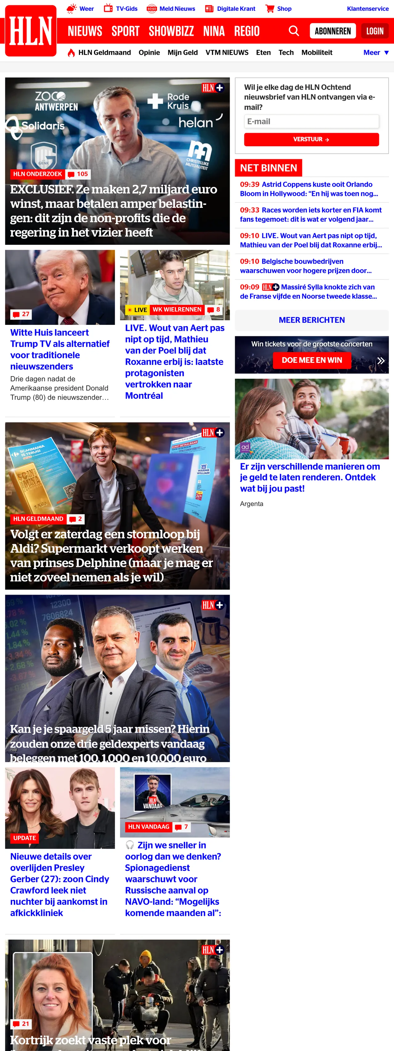 Screenshot of the HLN front page
