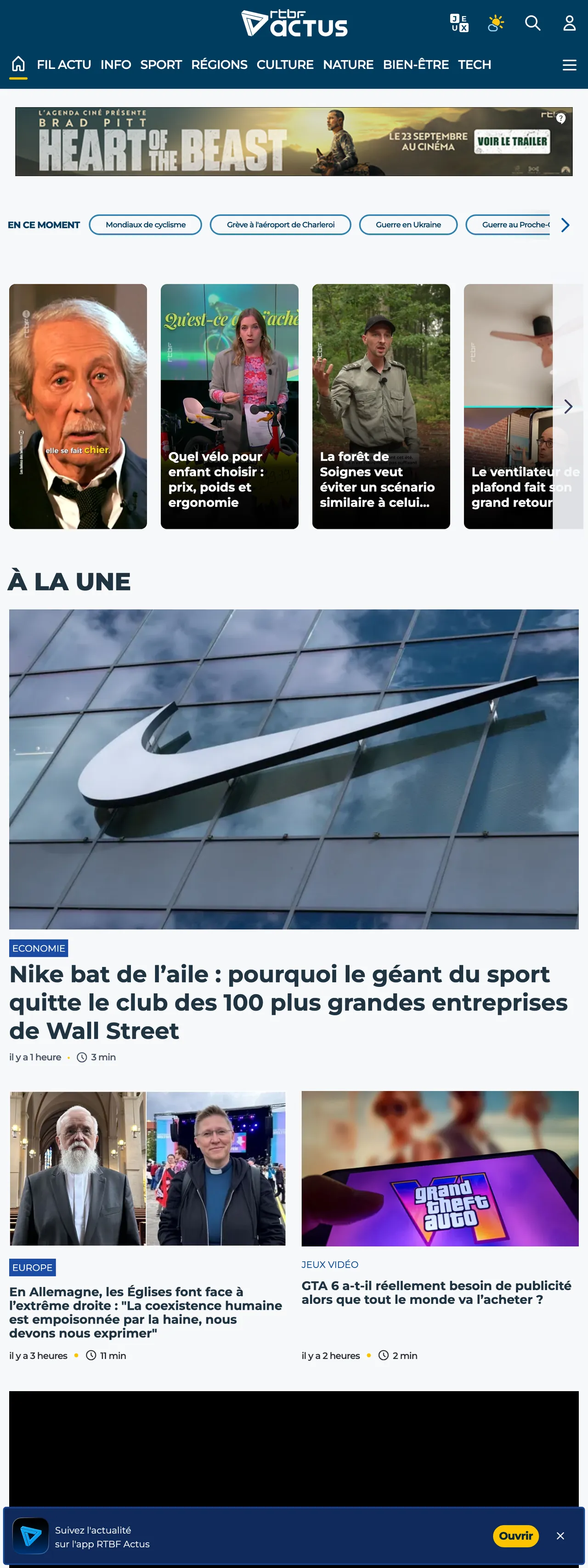 Screenshot of the RTBF front page
