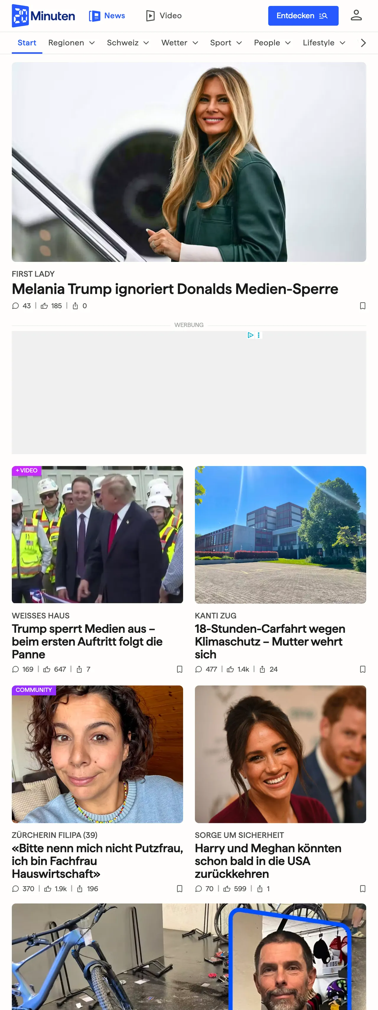 Screenshot of the 20 Minuten front page