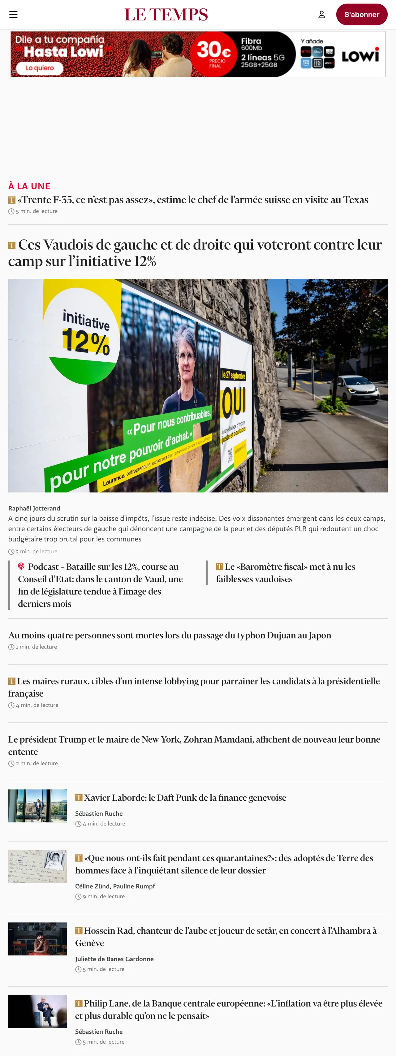 Screenshot of the Le Temps front page
