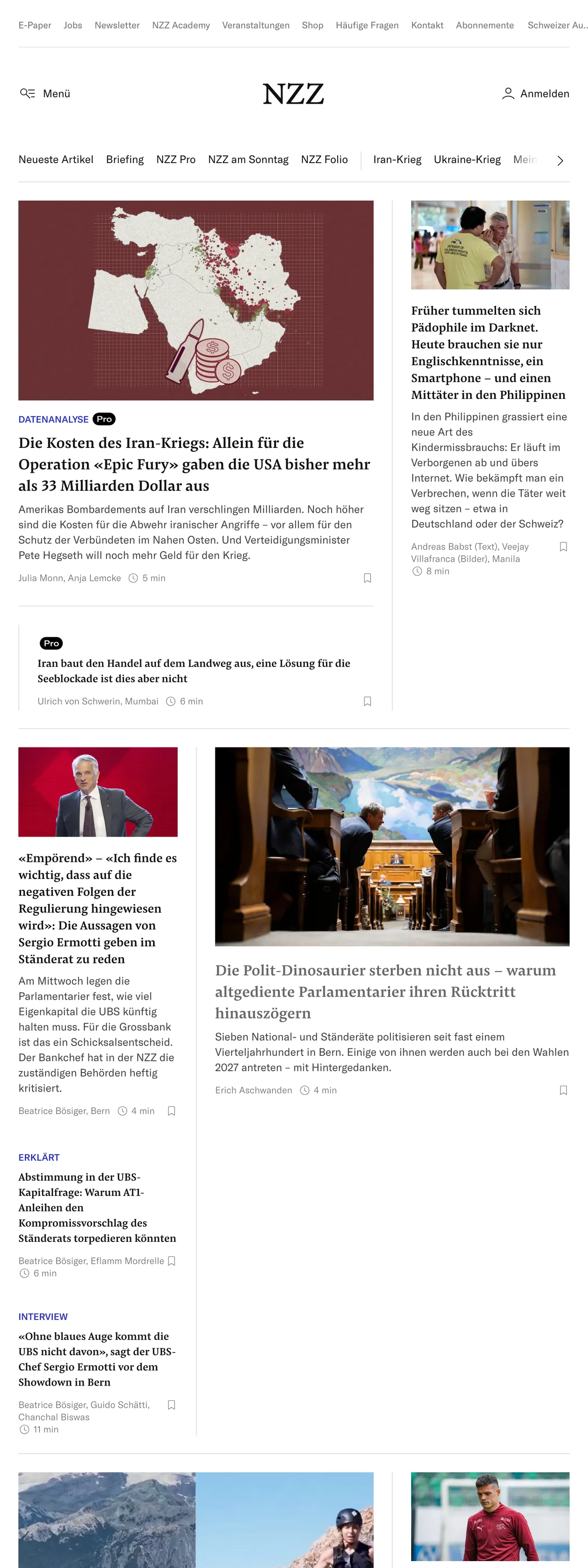 Screenshot of the Neue Zürcher Zeitung front page