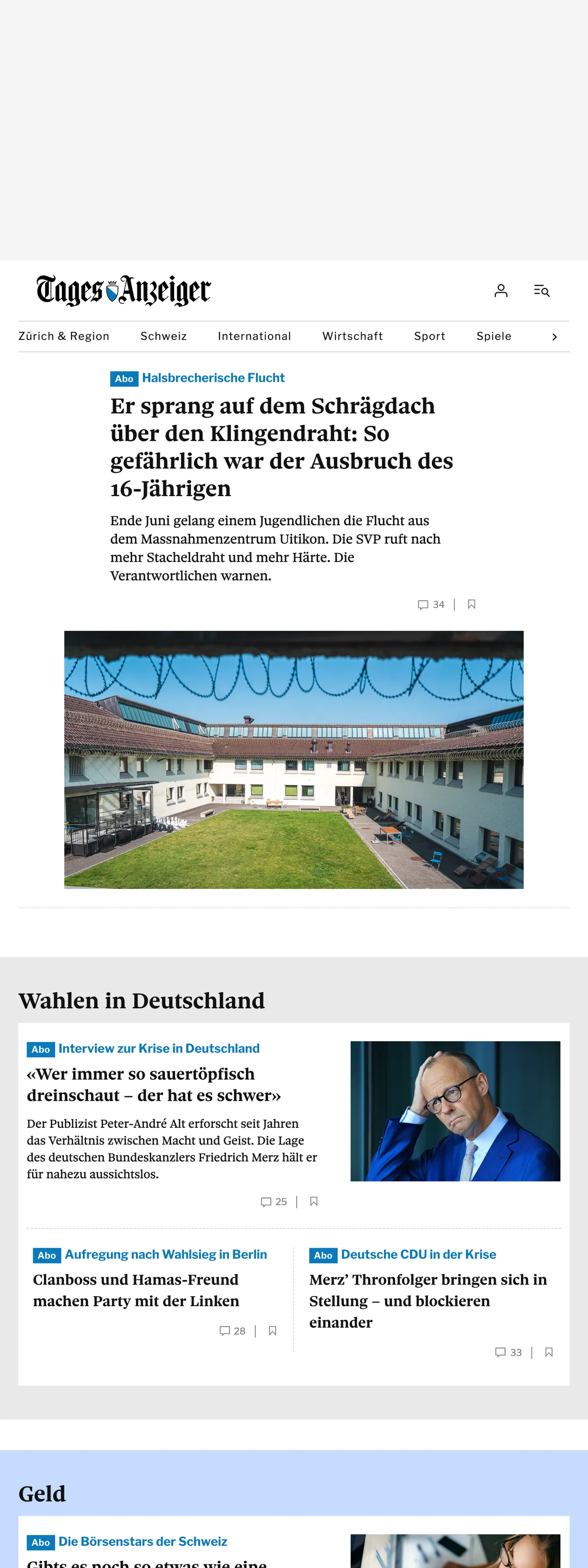 Screenshot of the Tages-Anzeiger front page