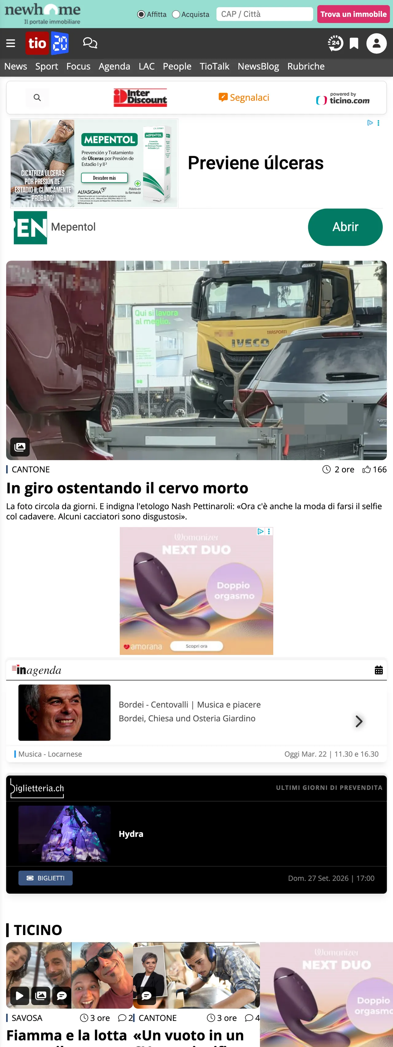 Screenshot of the Ticinonline front page
