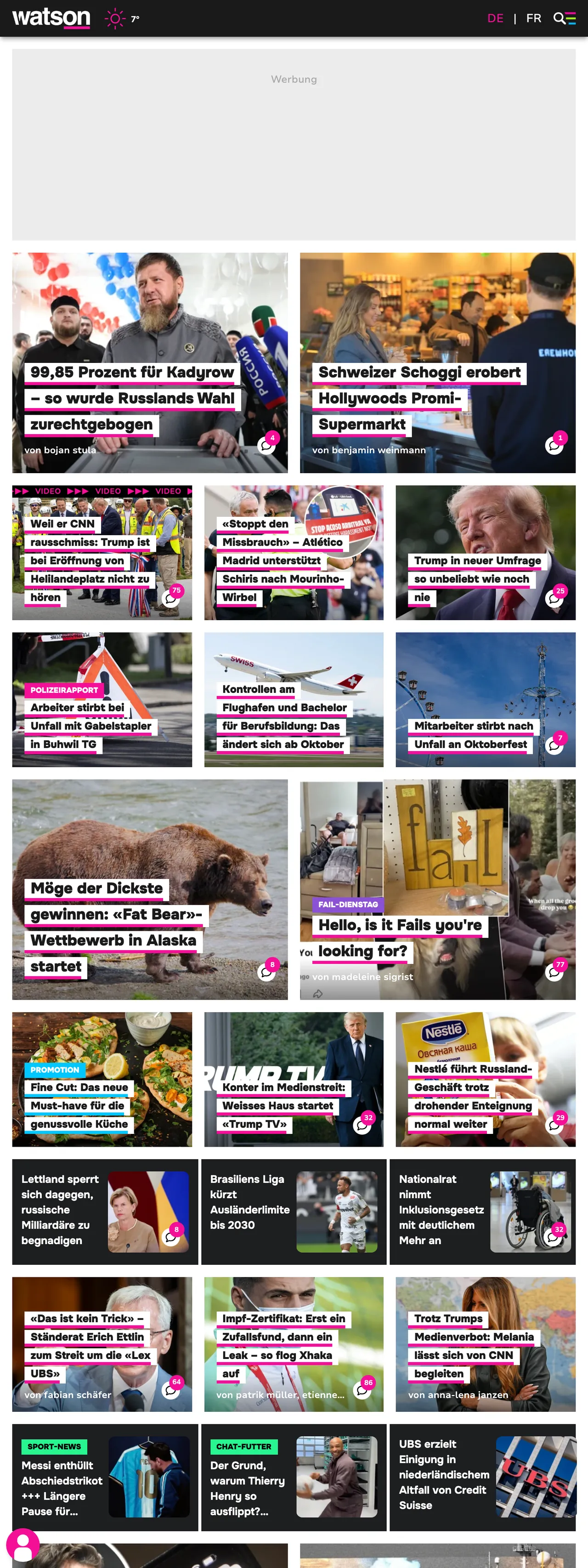 Screenshot of the watson front page