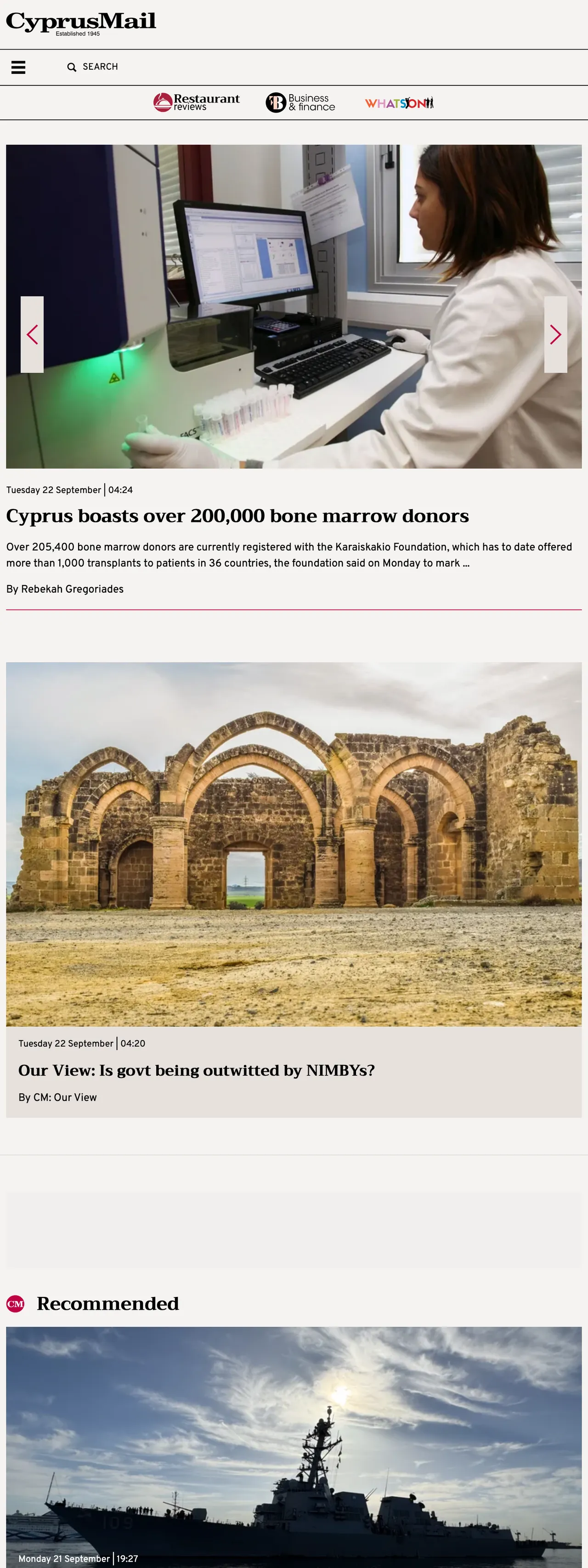 Screenshot of the Cyprus Mail front page