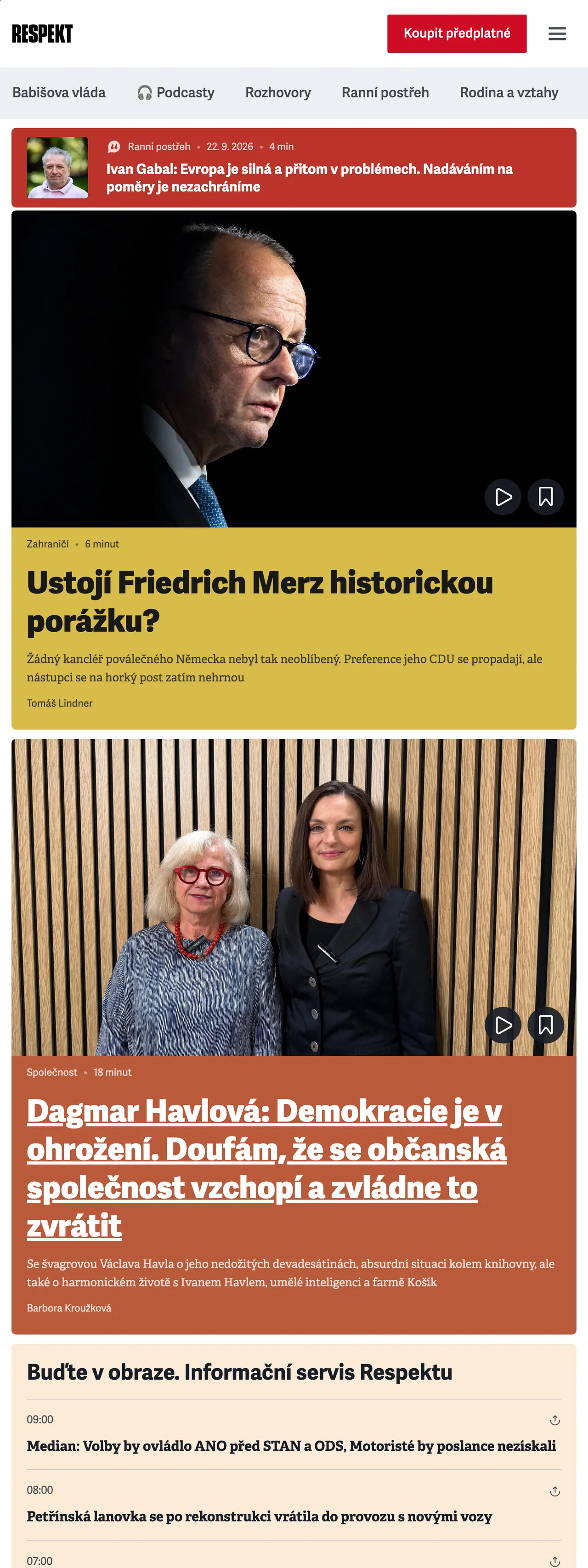 Screenshot of the Respekt front page