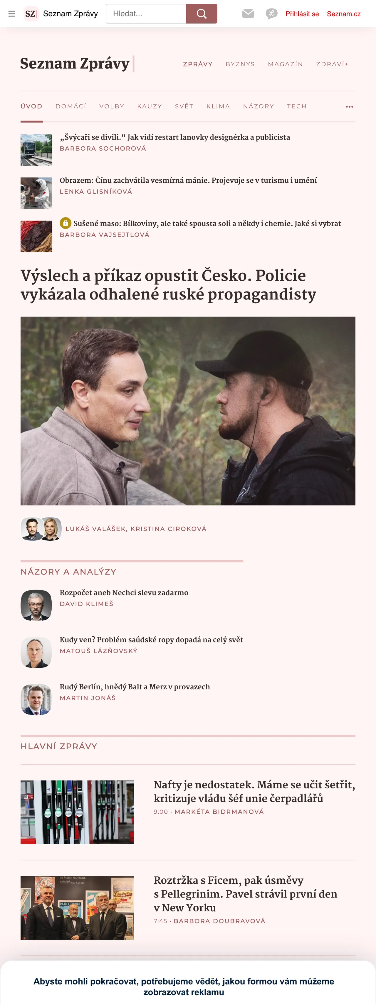 Screenshot of the Seznam Zprávy front page