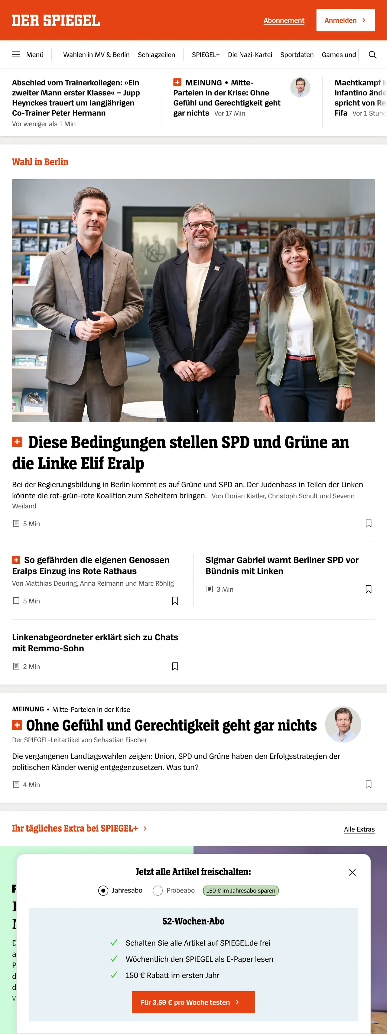 Screenshot of the DER SPIEGEL front page