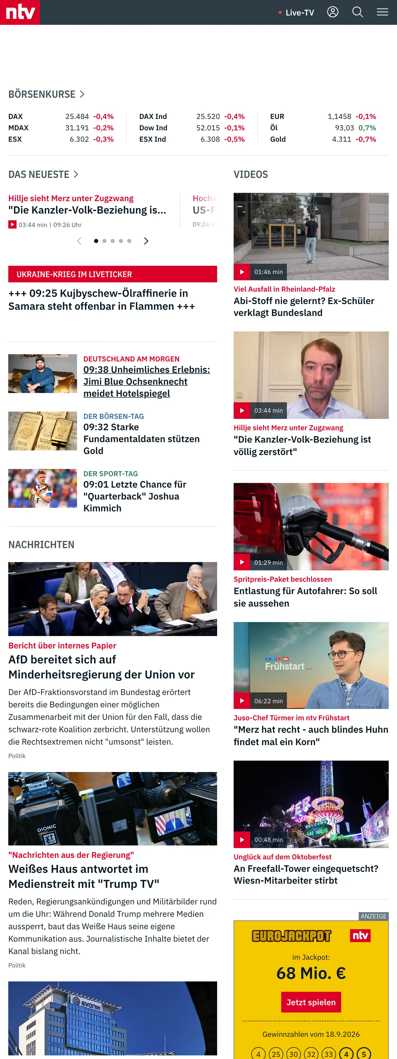 Screenshot of the n-tv front page