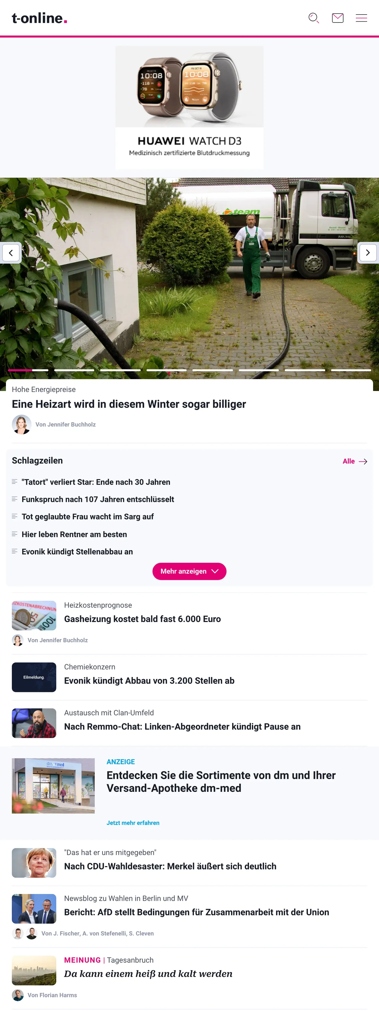 Screenshot of the t-online front page