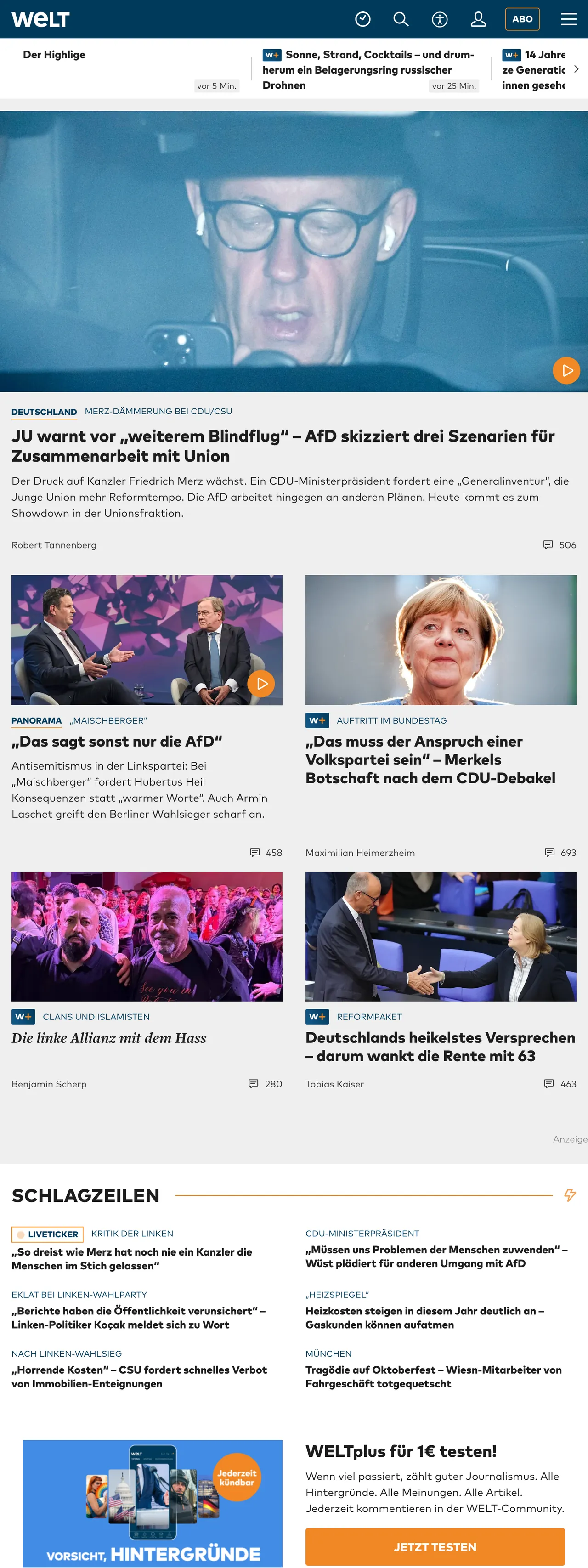 Screenshot of the WELT front page