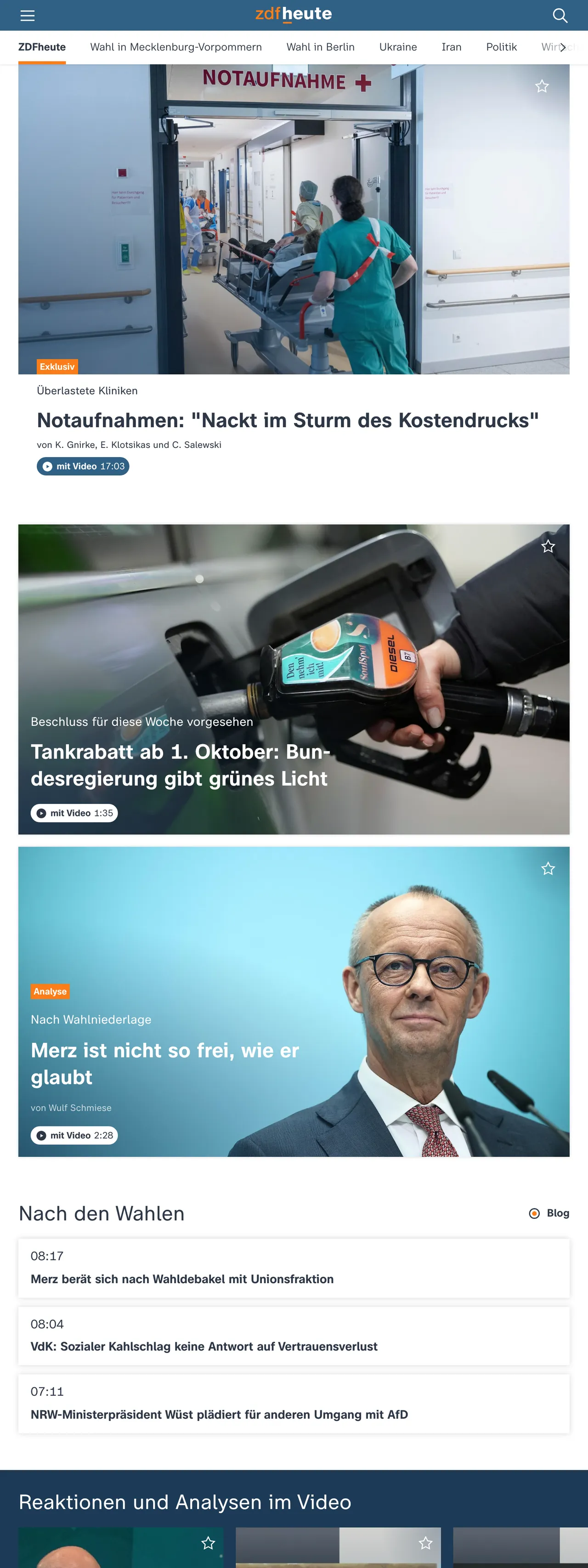 Screenshot of the ZDFheute front page