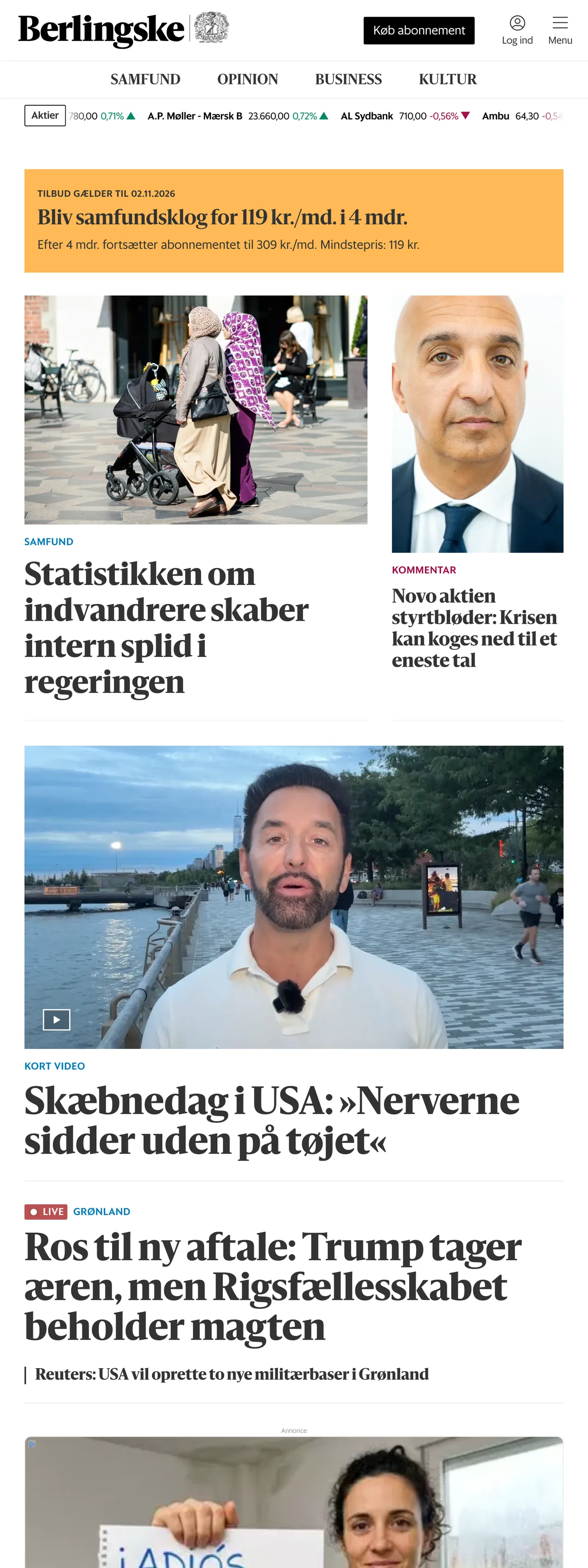 Screenshot of the Berlingske front page
