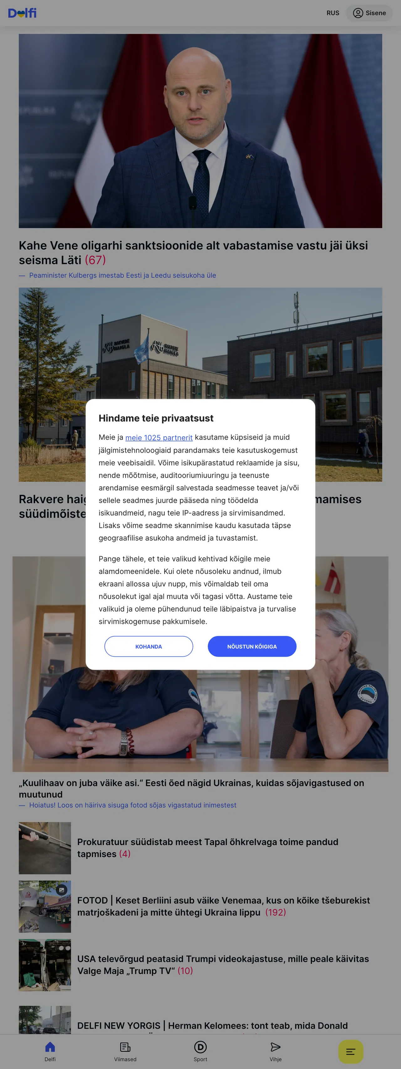 Screenshot of the Delfi front page
