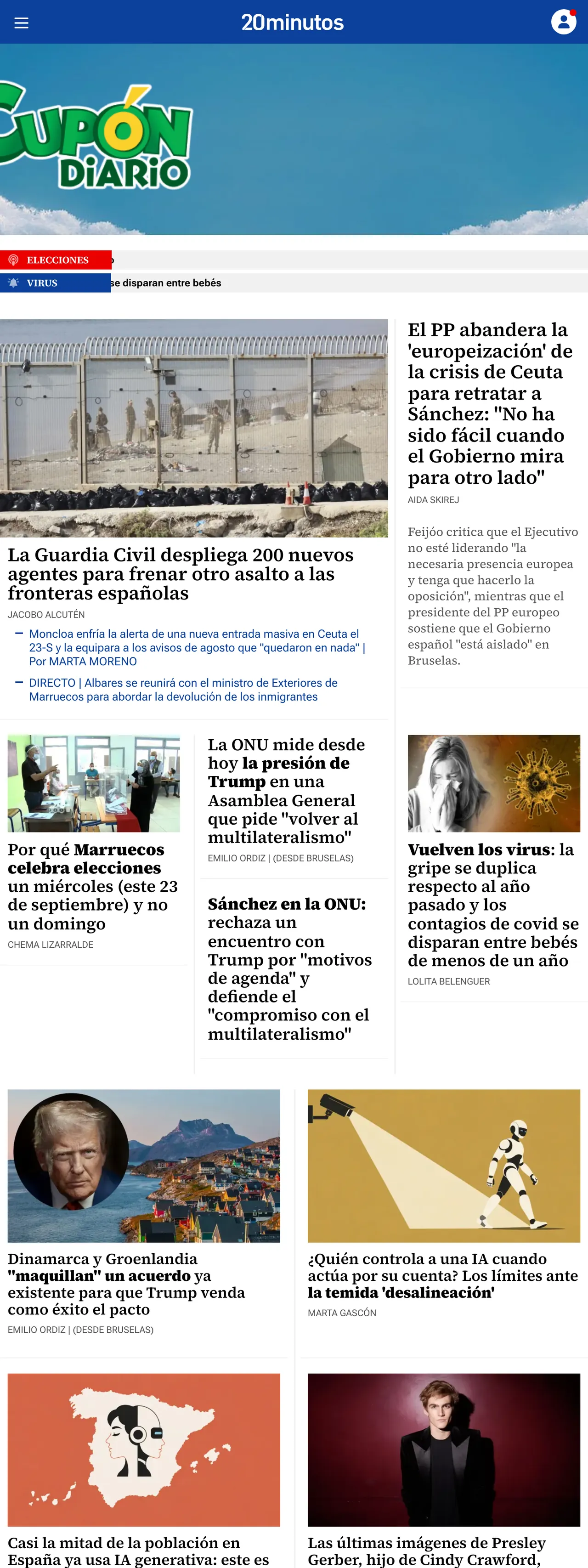 Screenshot of the 20minutos front page