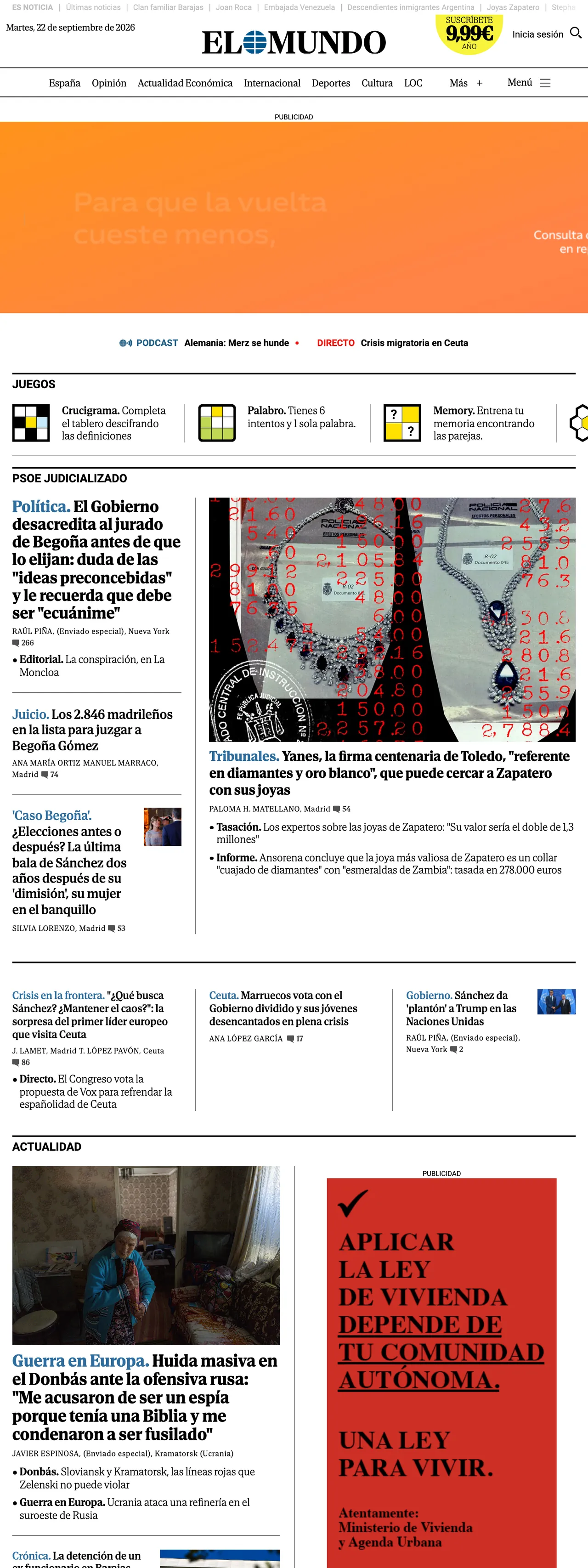 Screenshot of the El Mundo front page