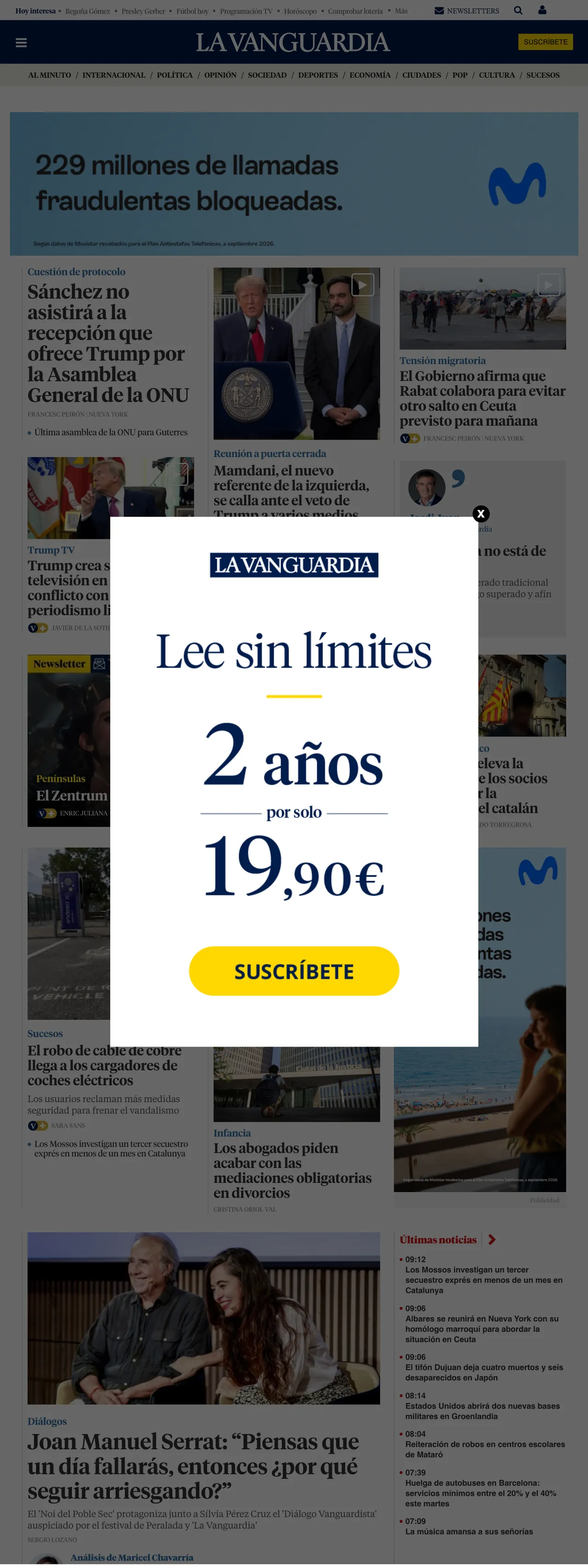 Screenshot of the La Vanguardia front page