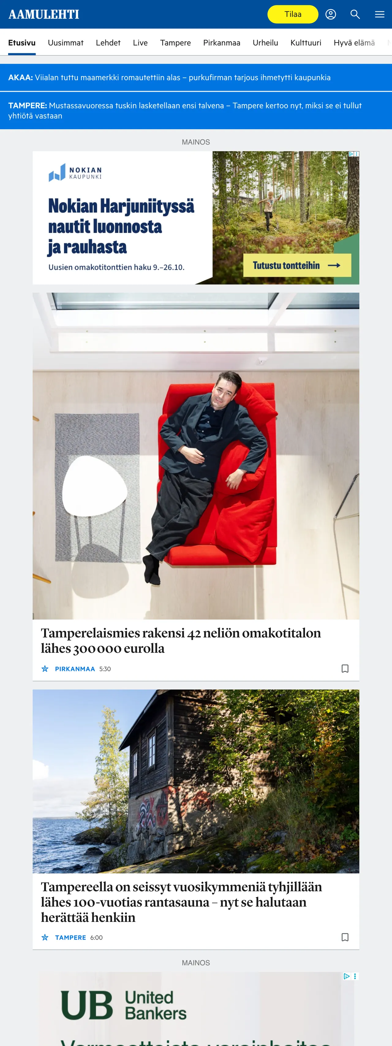 Screenshot of the Aamulehti front page
