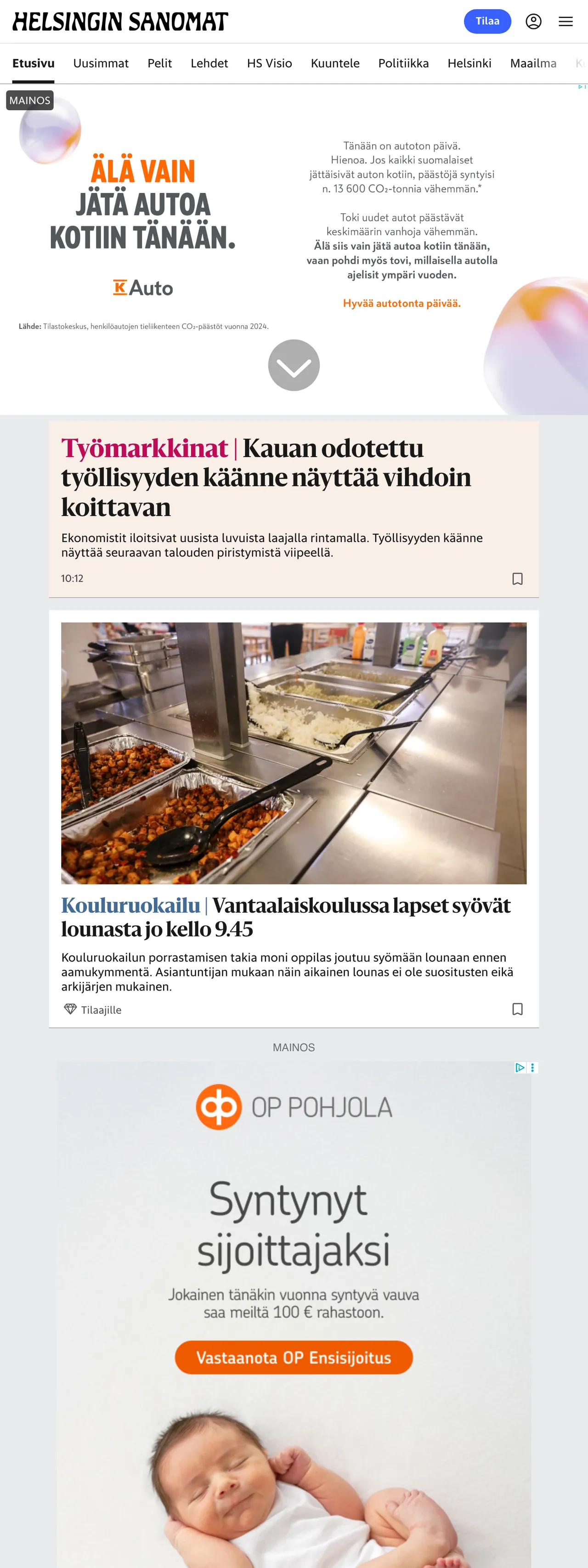 Screenshot of the Helsingin Sanomat front page