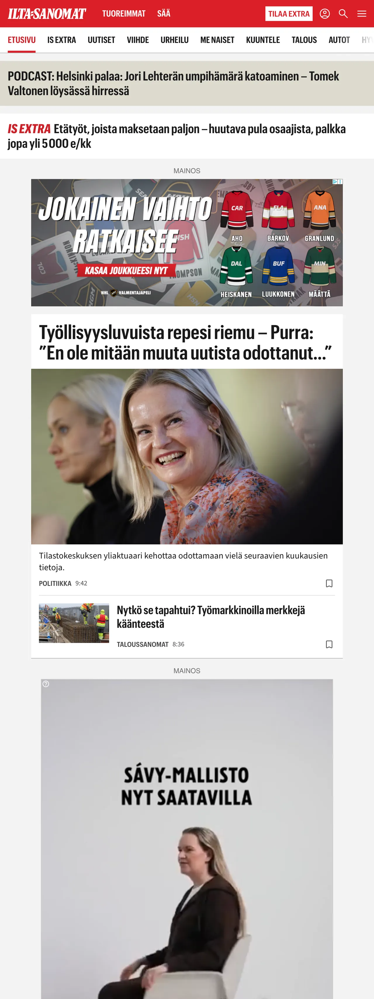 Screenshot of the Ilta-Sanomat front page