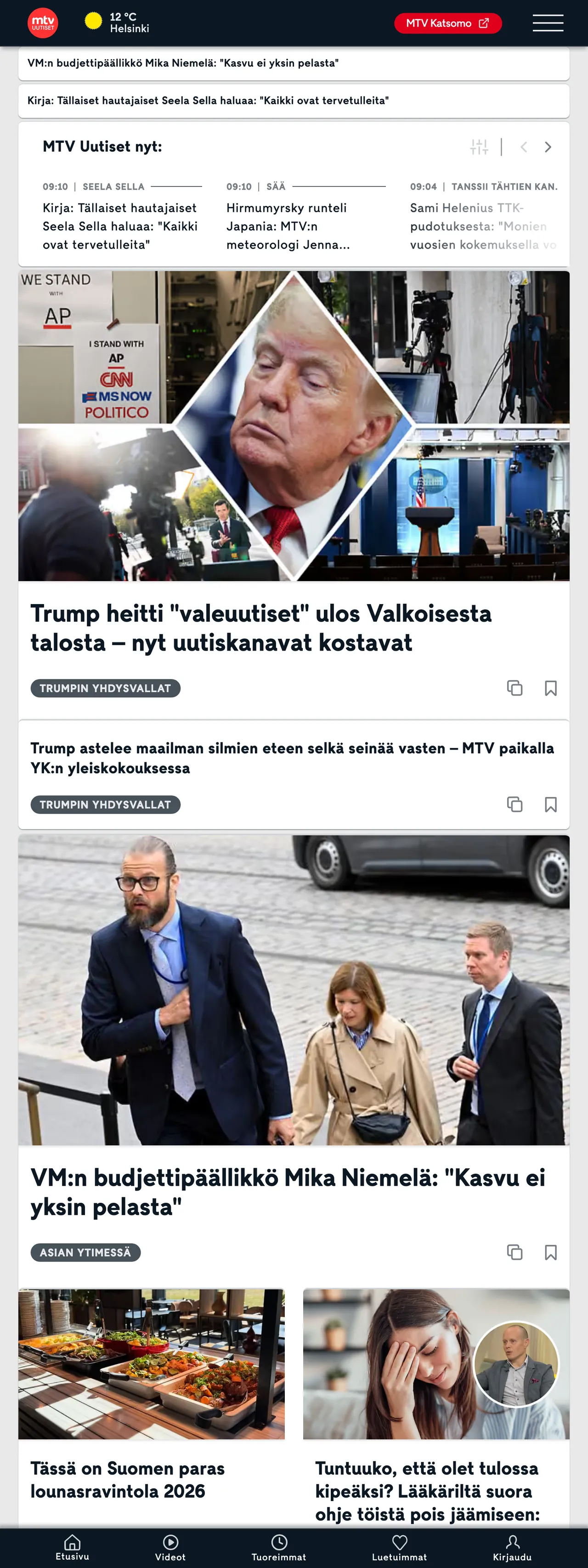 Screenshot of the MTV Uutiset front page
