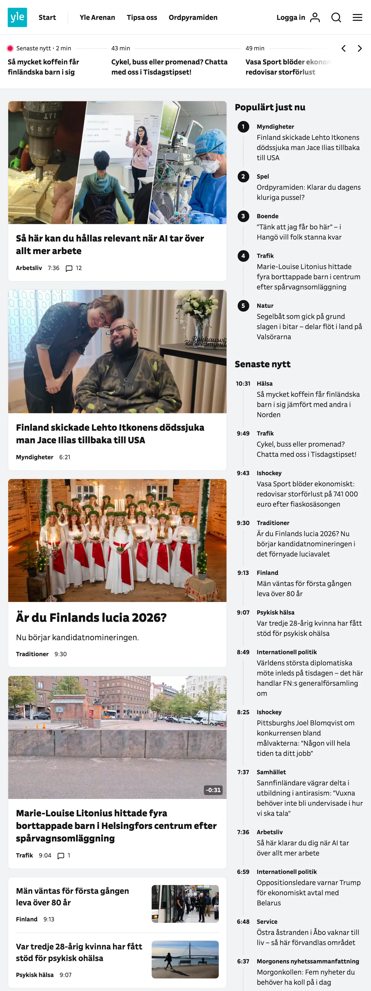Screenshot of the Svenska Yle front page