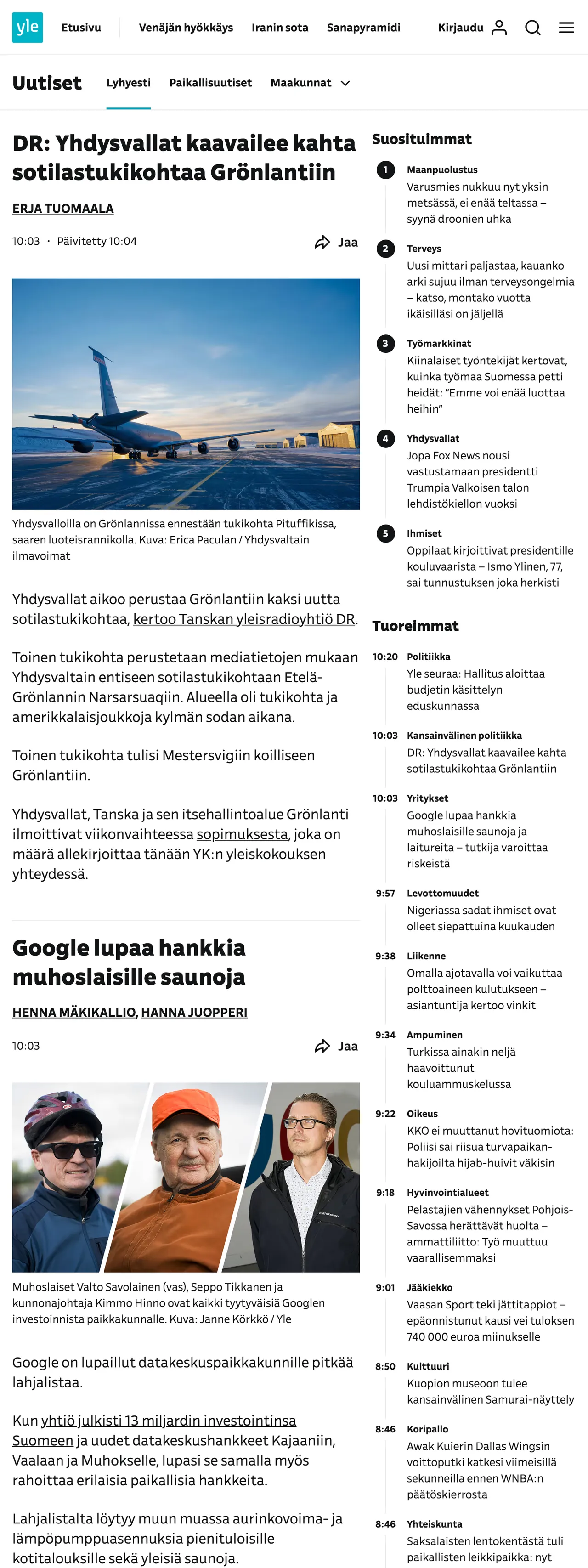 Screenshot of the Yle front page