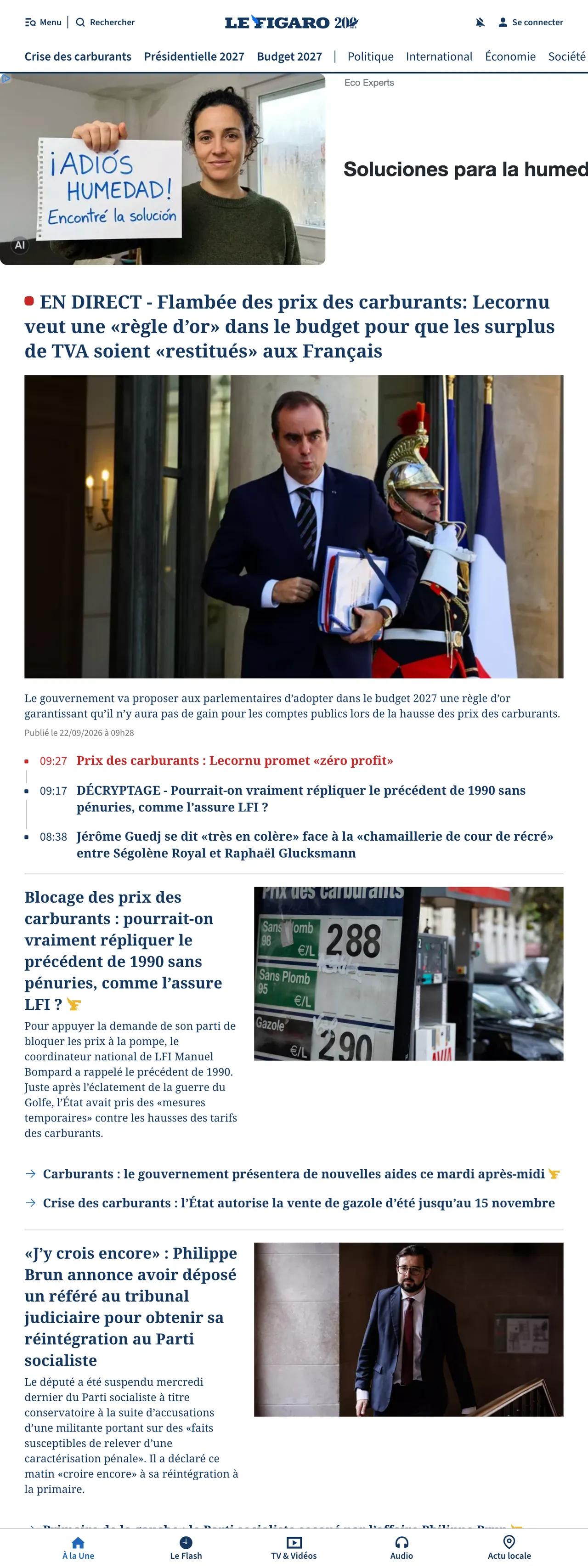 Screenshot of the Le Figaro front page