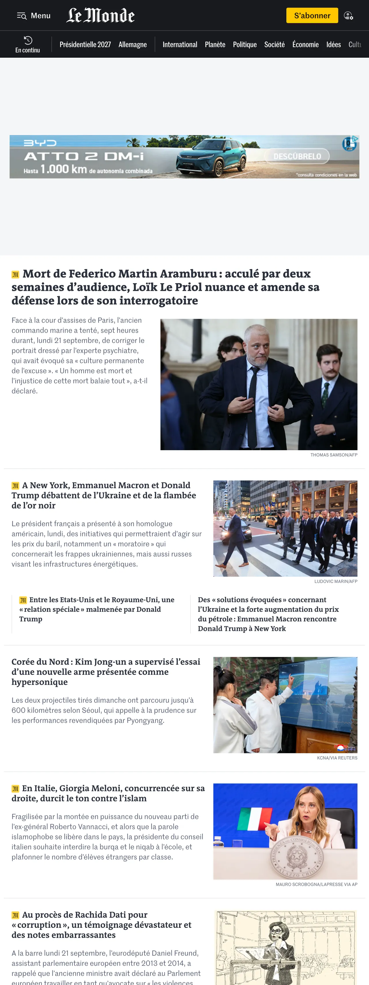 Screenshot of the Le Monde front page