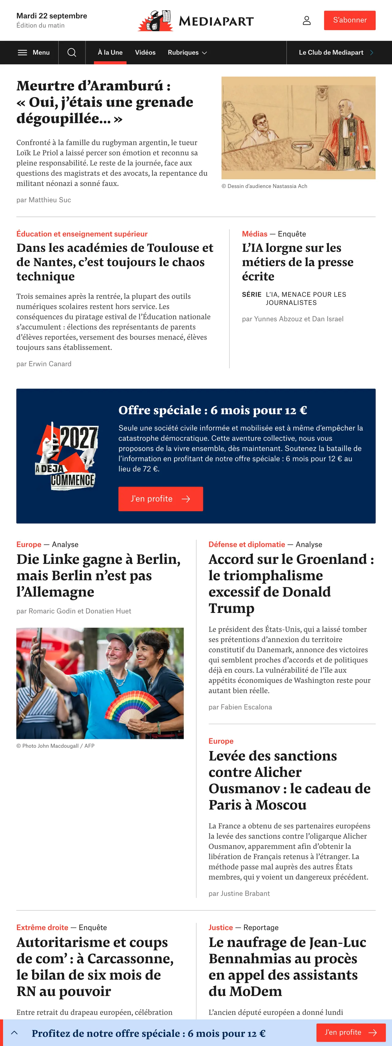 Screenshot of the Mediapart front page